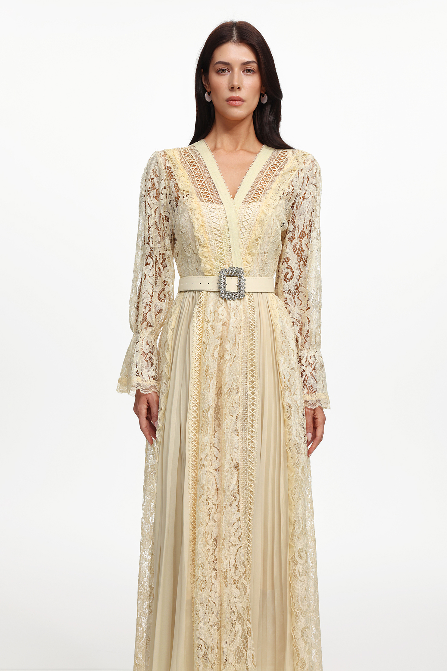 Lola Resort Flowy Long Sleeve Cut Out Lace Pleated Woven Maxi Dress