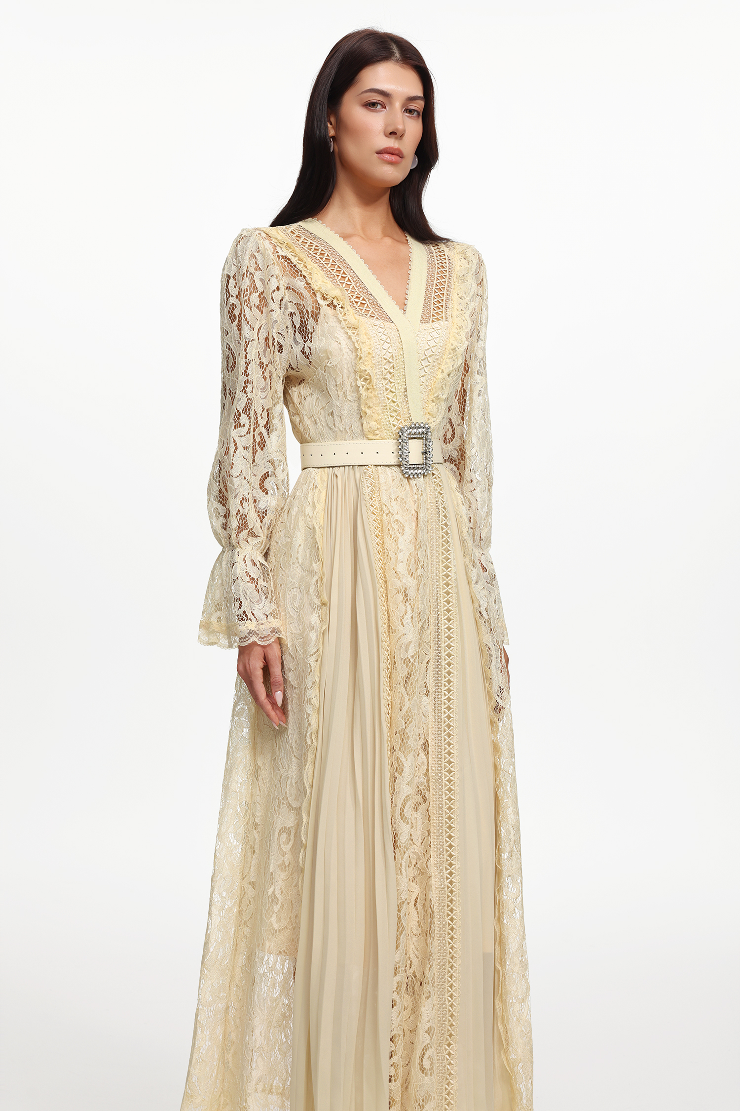 Lola Resort Flowy Long Sleeve Cut Out Lace Pleated Woven Maxi Dress