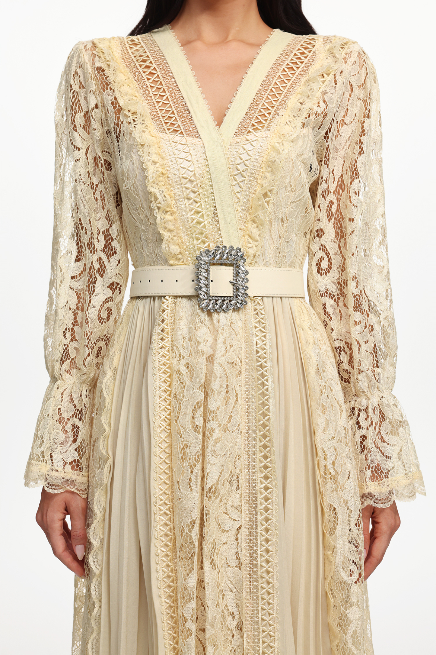 Lola Resort Flowy Long Sleeve Cut Out Lace Pleated Woven Maxi Dress