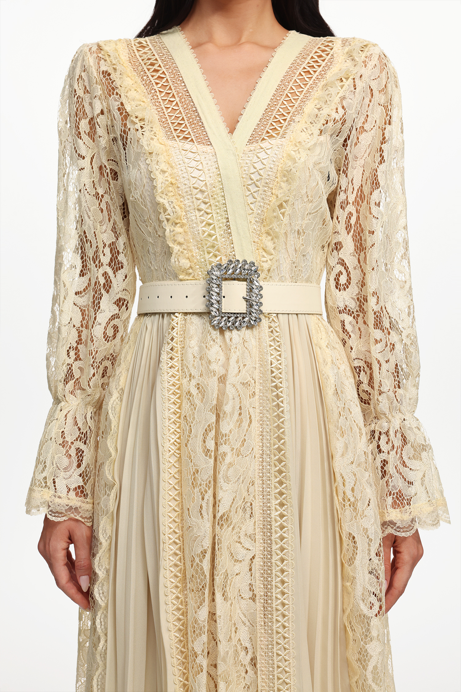 Lola Resort Flowy Long Sleeve Cut Out Lace Pleated Woven Maxi Dress