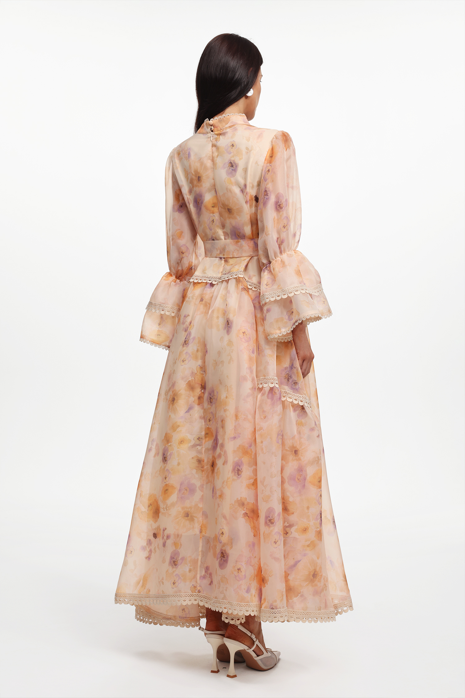 Imane Resort Flowy V Neck Long Sleeve Floral Printed Woven Maxi Dress