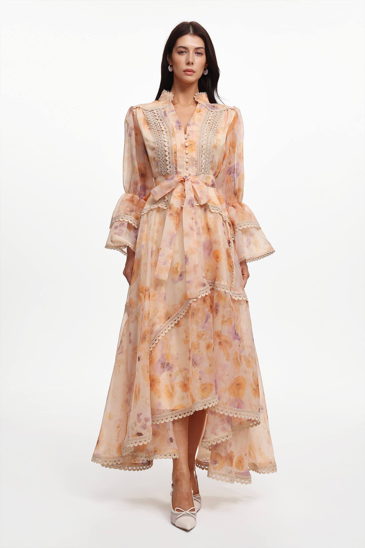 Imane Resort Flowy V Neck Long Sleeve Floral Printed Woven Maxi Dress