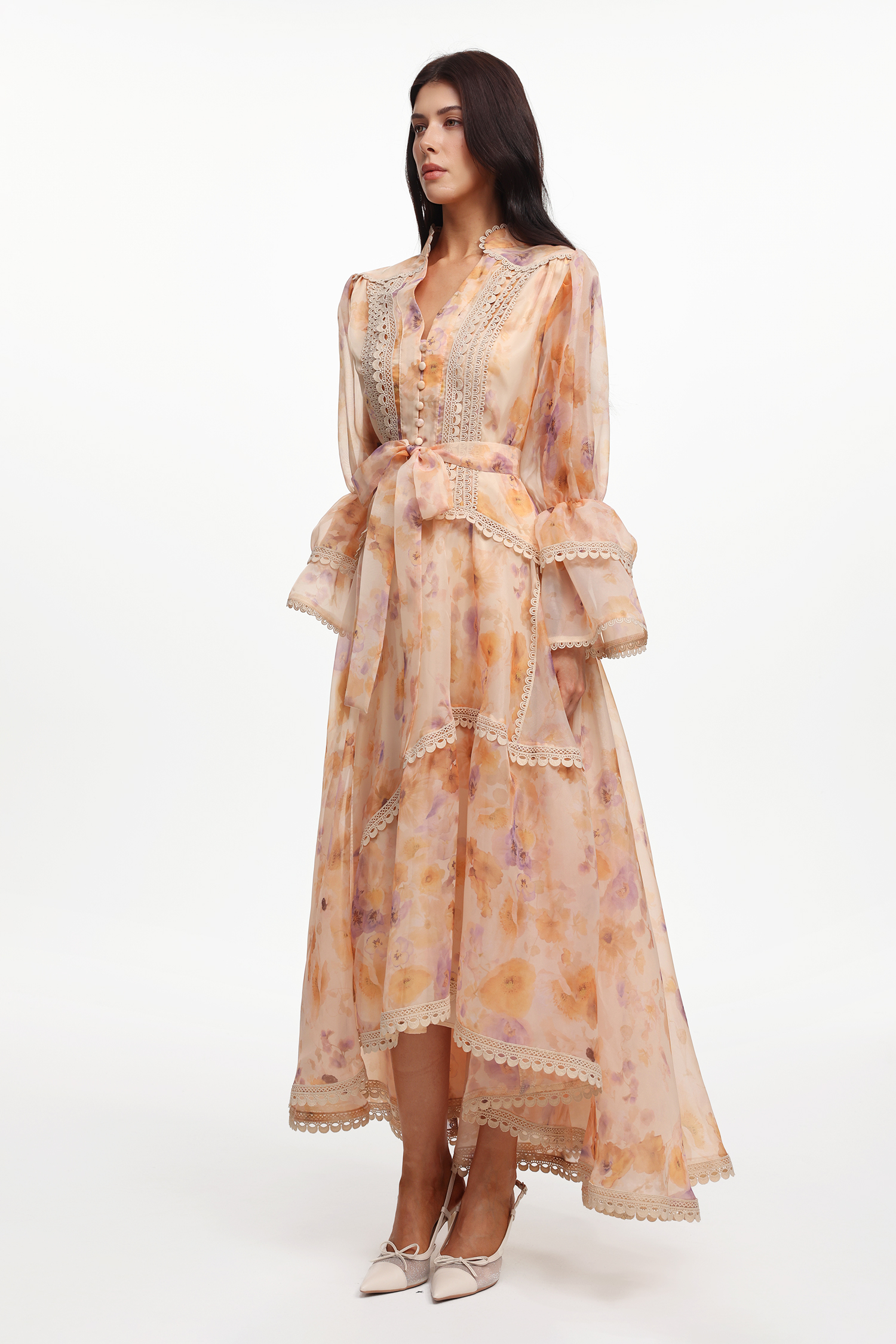 Imane Resort Flowy V Neck Long Sleeve Floral Printed Woven Maxi Dress