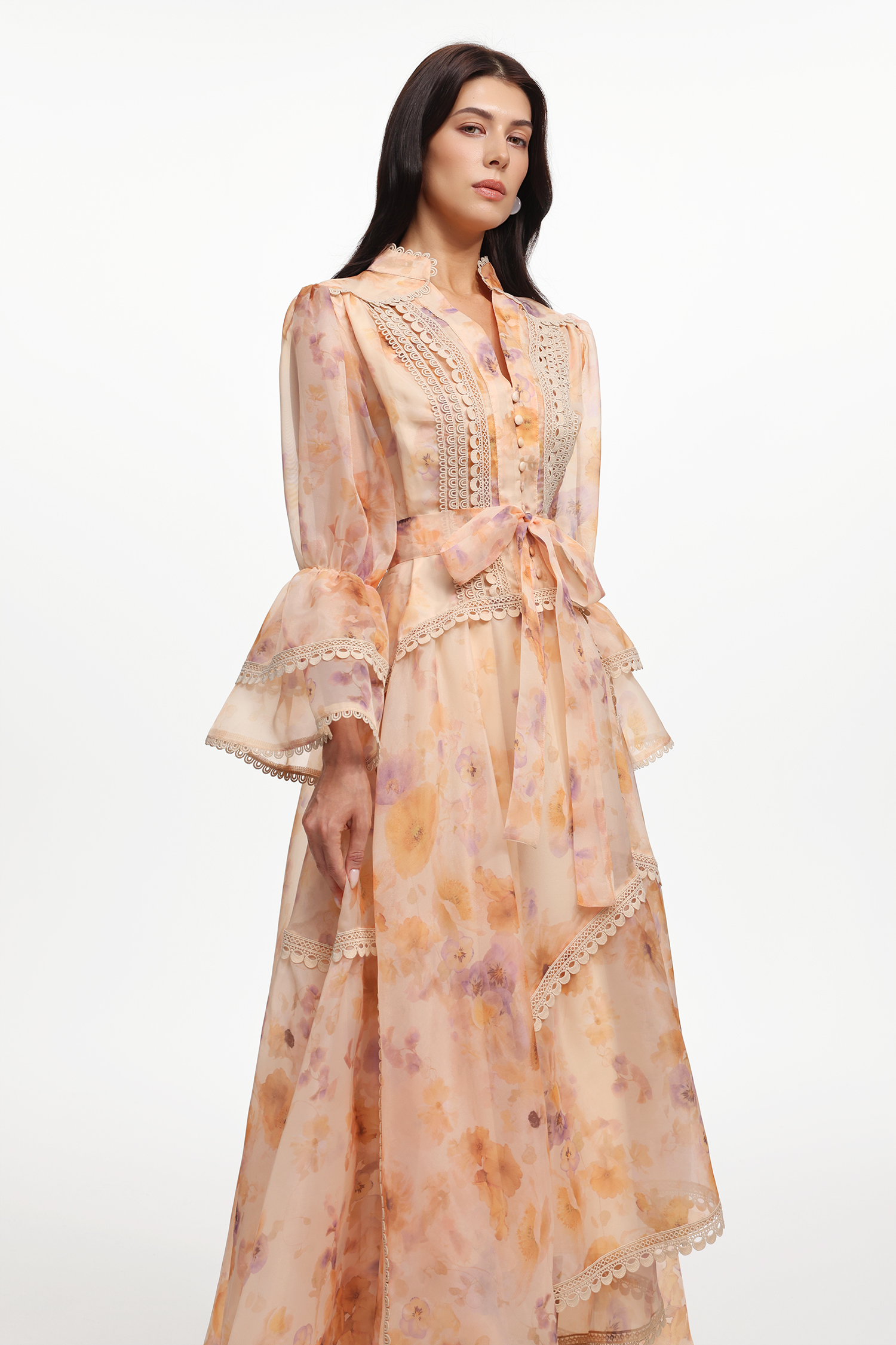 Imane Resort Flowy V Neck Long Sleeve Floral Printed Woven Maxi Dress
