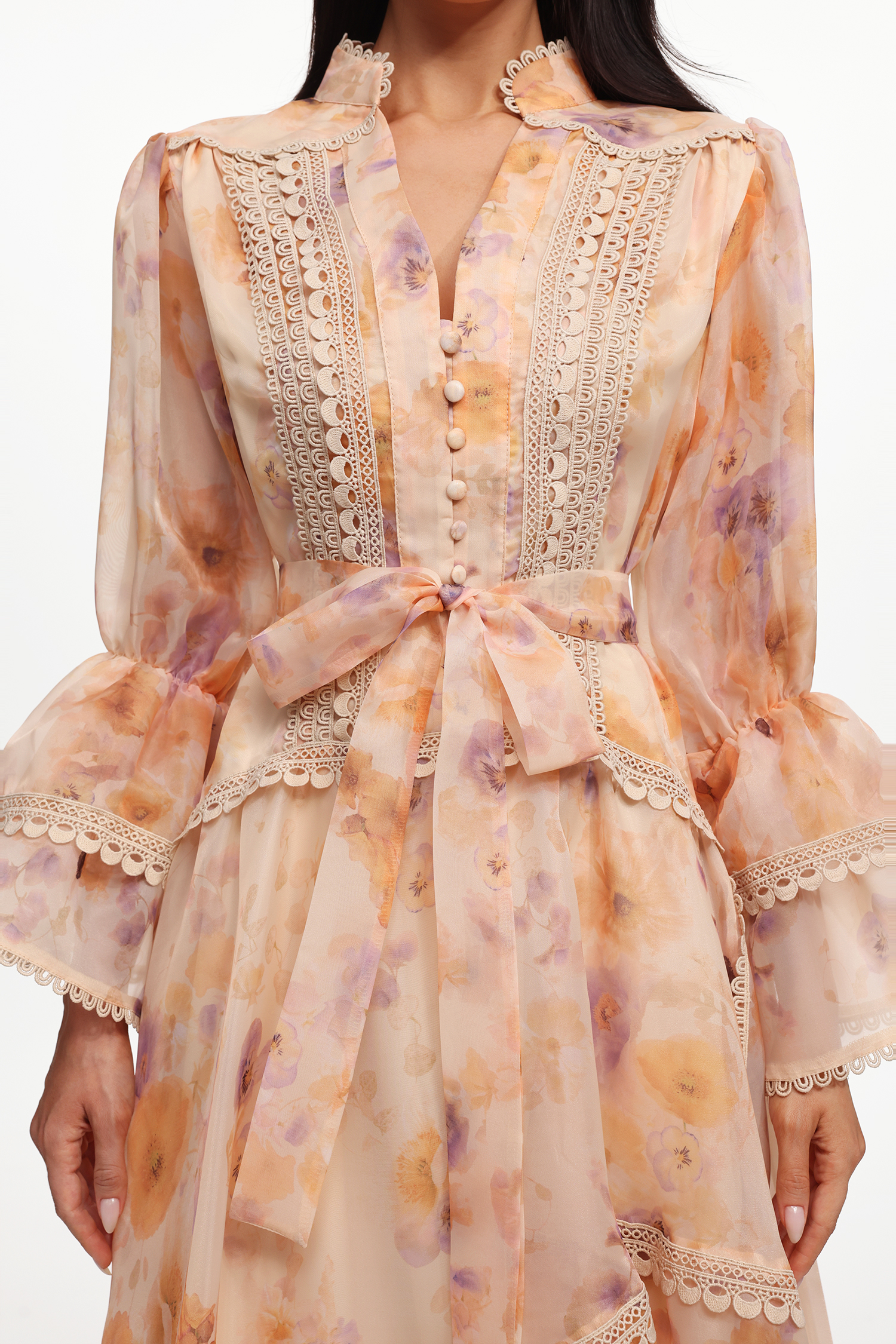 Imane Resort Flowy V Neck Long Sleeve Floral Printed Woven Maxi Dress