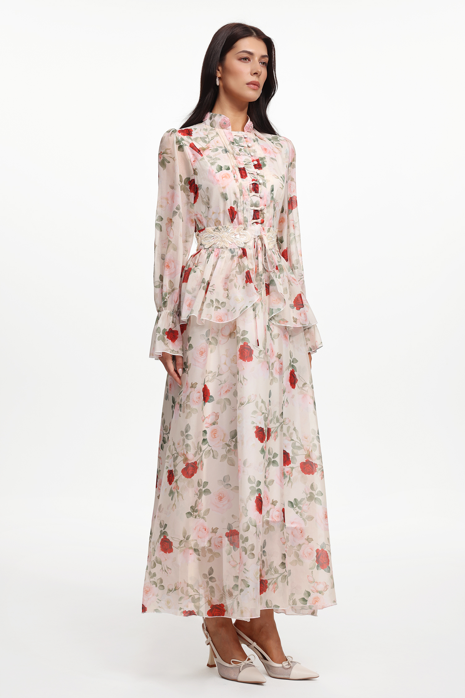 Rava Resort Flowy Long Sleeve Floral Printed Woven Maxi Dress