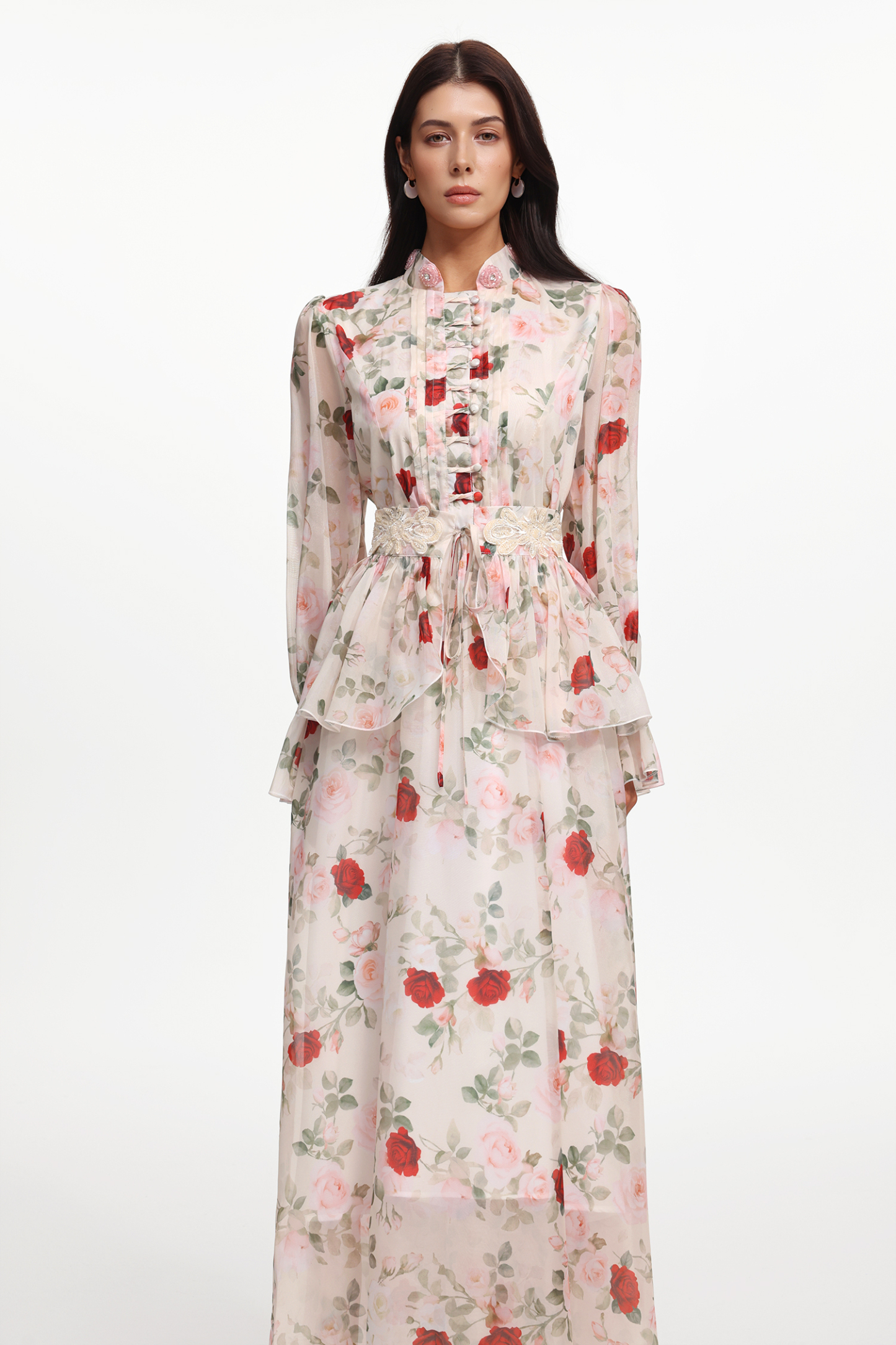 Rava Resort Flowy Long Sleeve Floral Printed Woven Maxi Dress