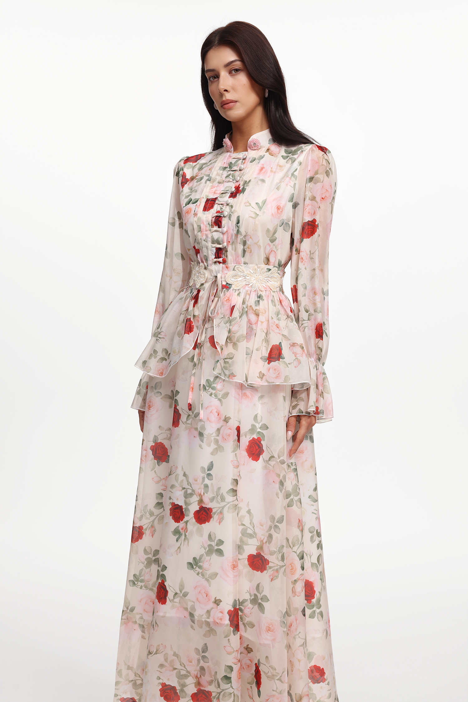Rava Resort Flowy Long Sleeve Floral Printed Woven Maxi Dress