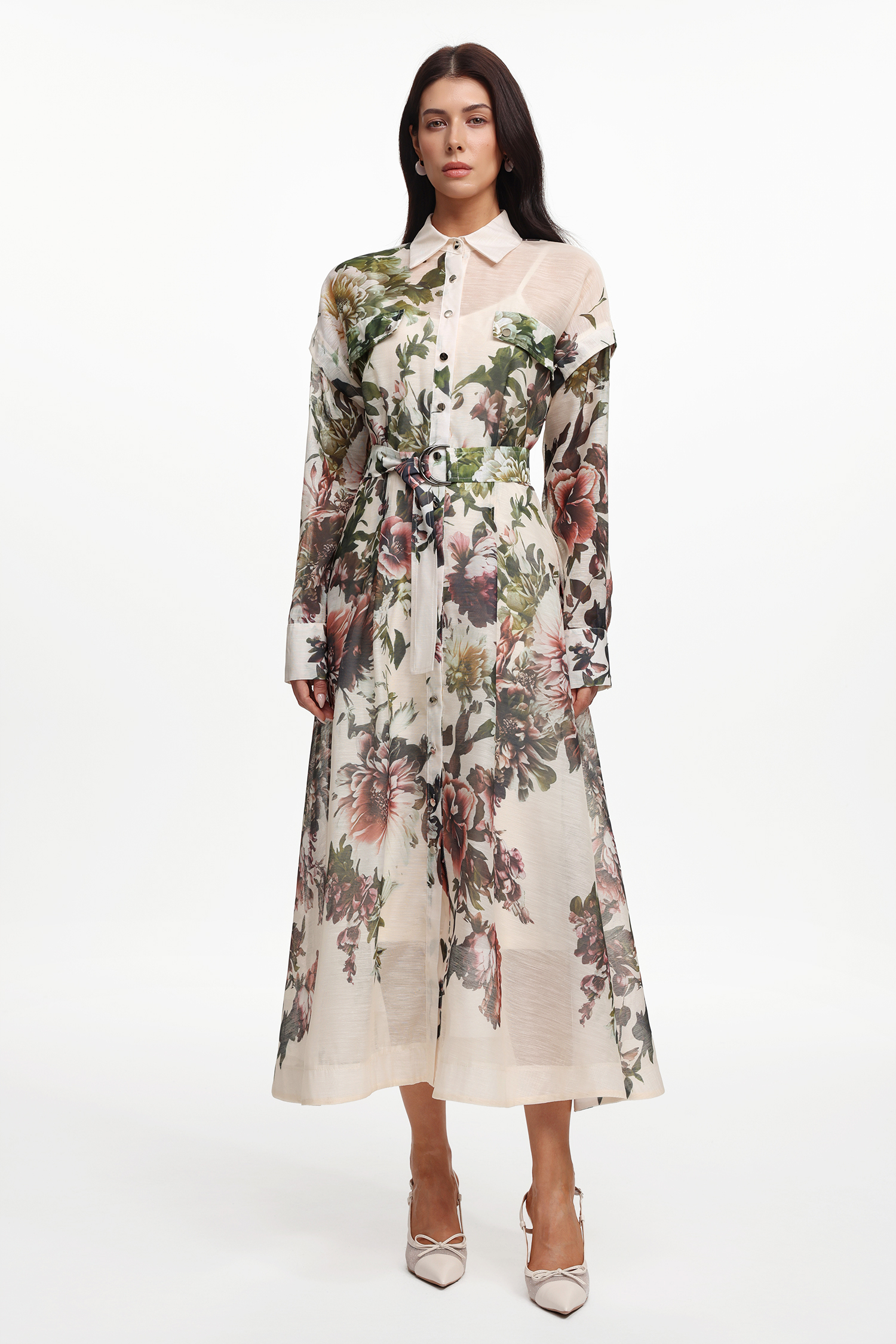 Frida Elegant Flowy Long Sleeve Floral Printed Woven Maxi Dress