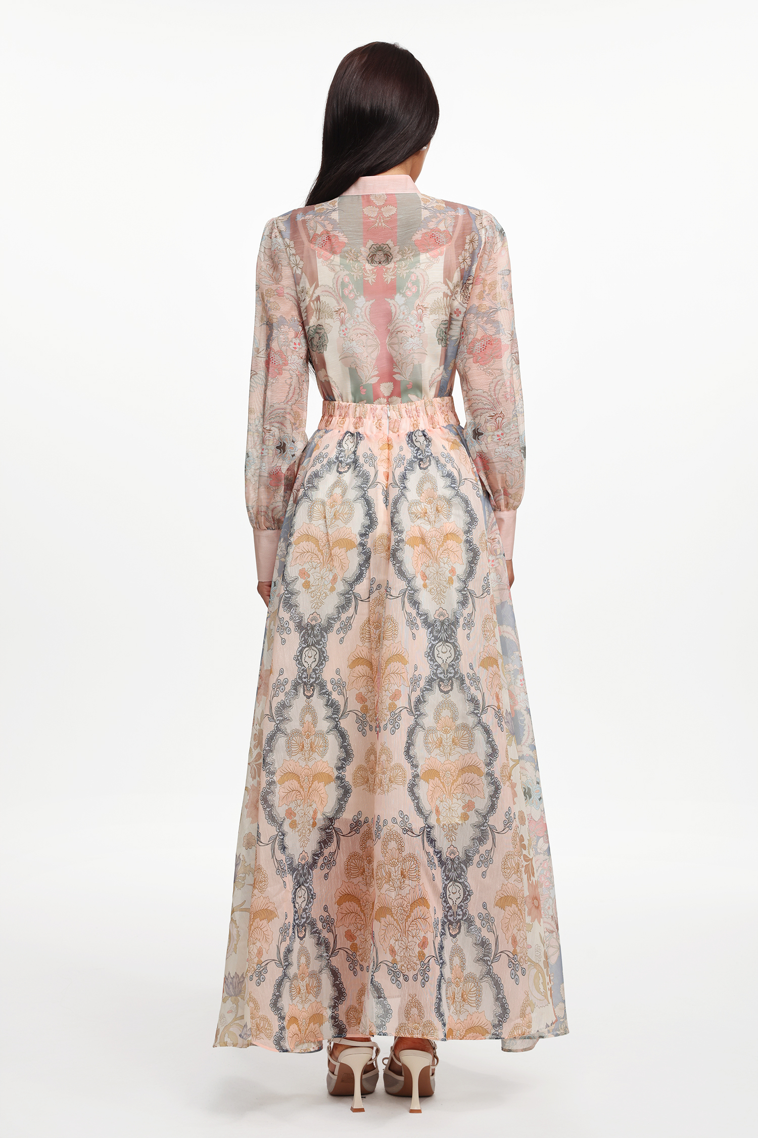 Dye Resort Flowy Long Sleeve Floral Printed Woven Top And Skirt Two-Piece Set