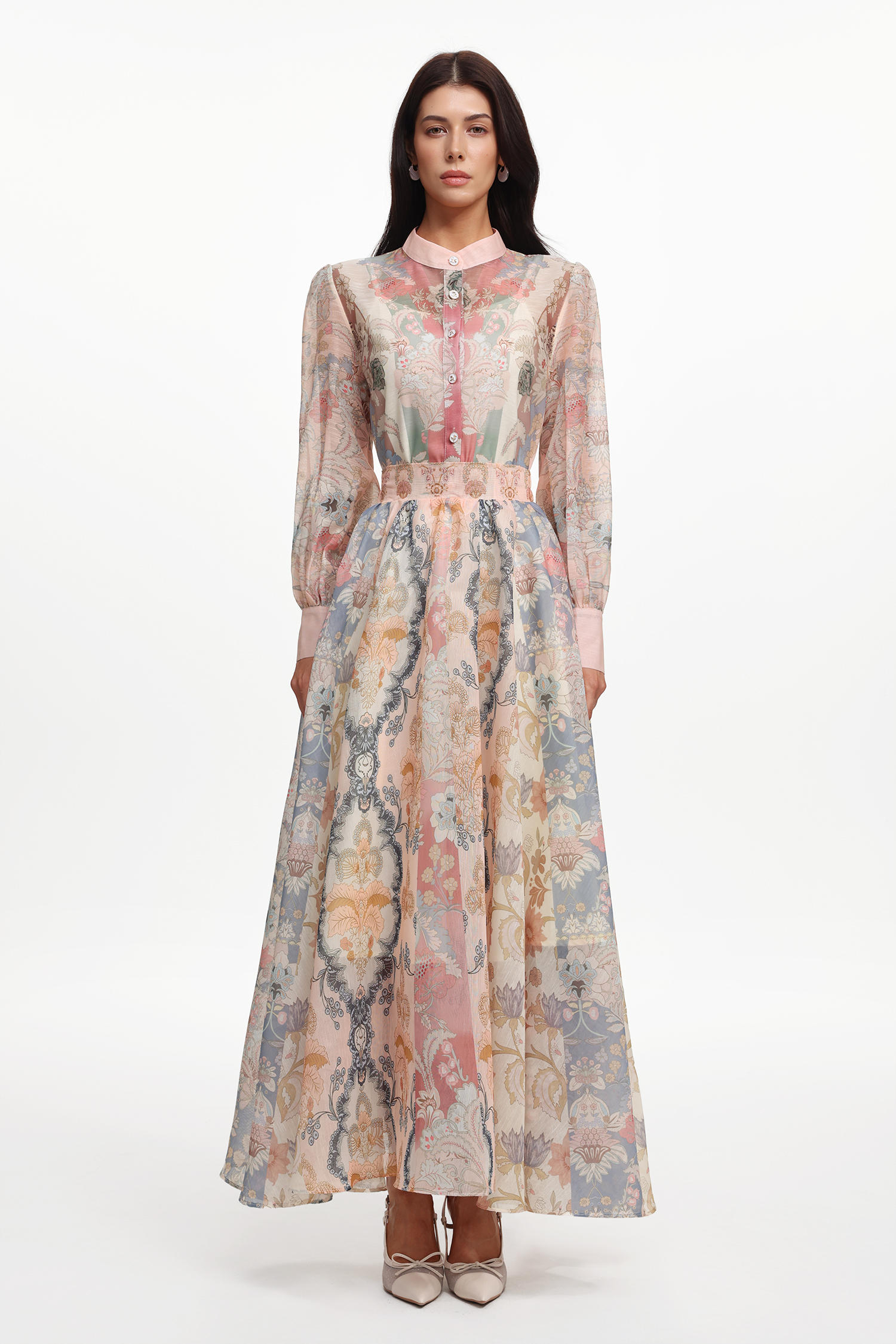 Dye Resort Flowy Long Sleeve Floral Printed Woven Top And Skirt Two-Piece Set