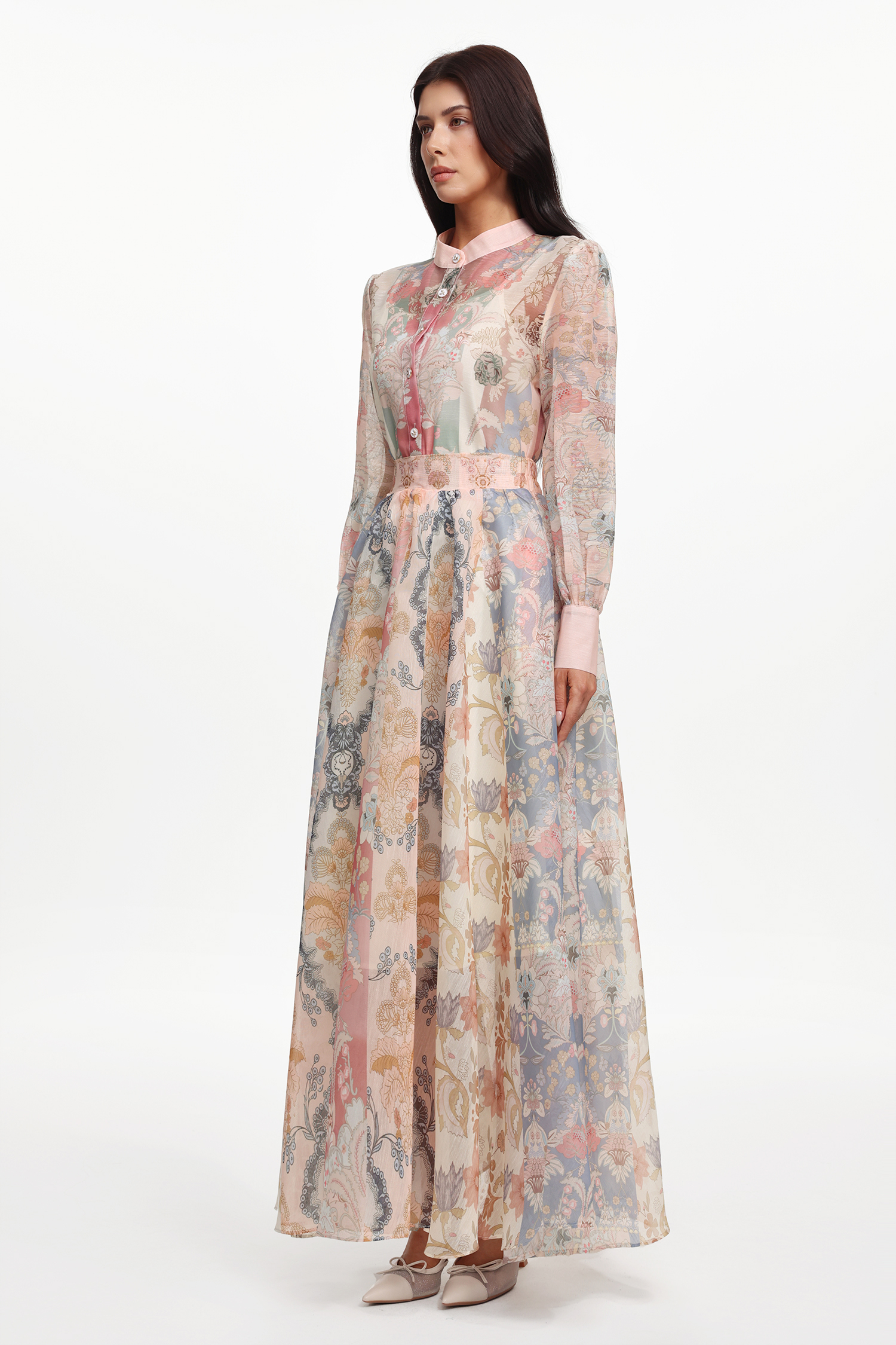 Dye Resort Flowy Long Sleeve Floral Printed Woven Top And Skirt Two-Piece Set