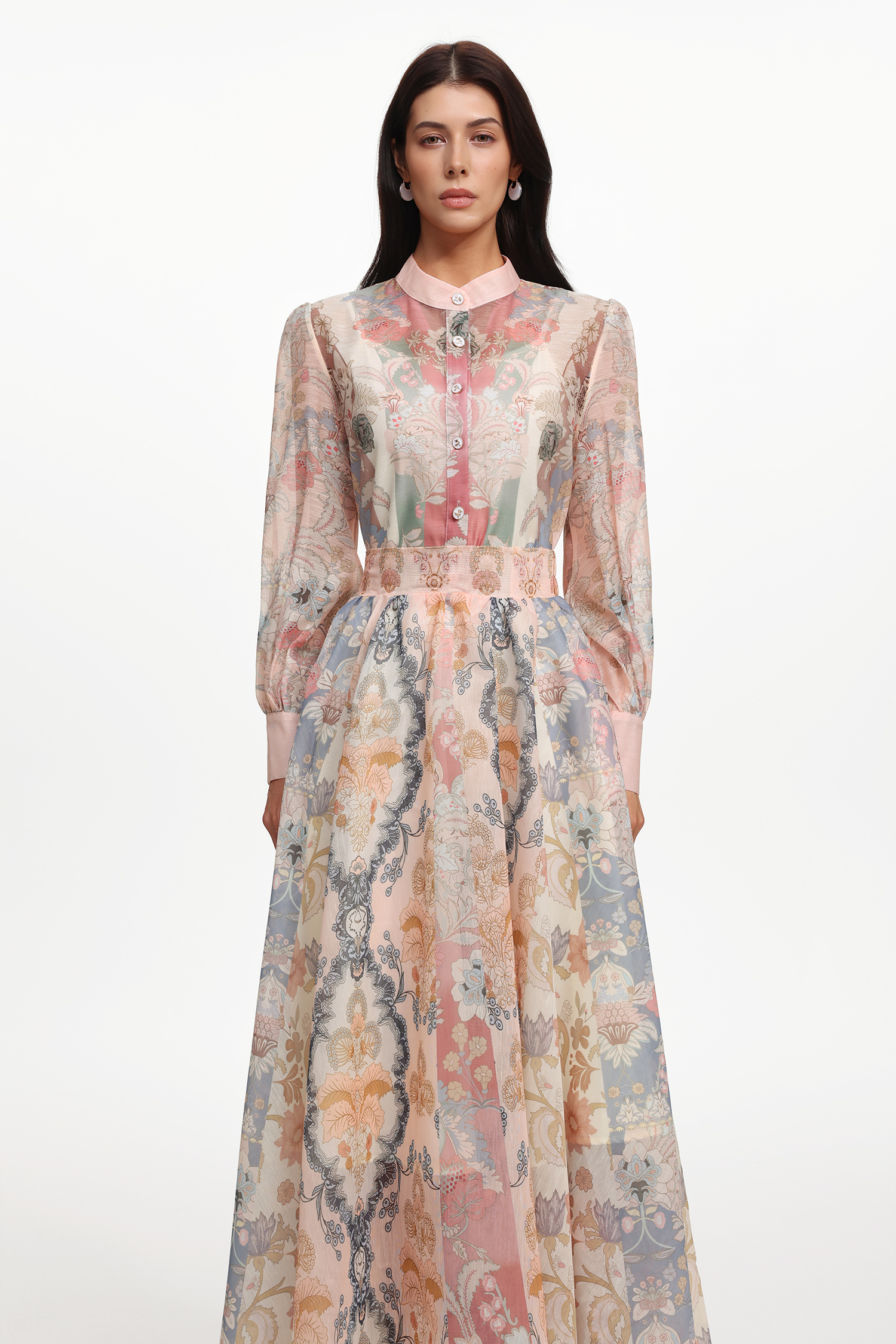 Dye Resort Flowy Long Sleeve Floral Printed Woven Top And Skirt Two-Piece Set