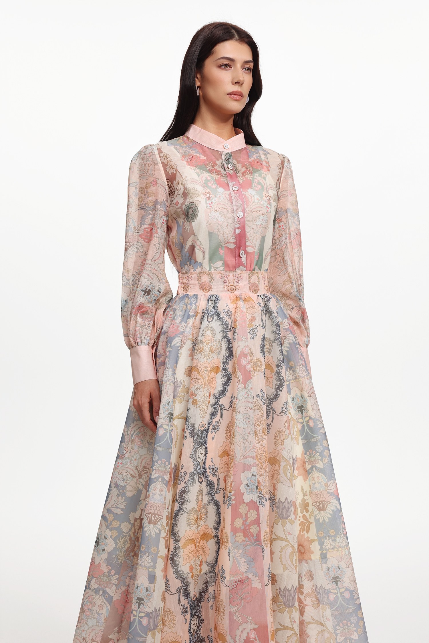 Dye Resort Flowy Long Sleeve Floral Printed Woven Top And Skirt Two-Piece Set