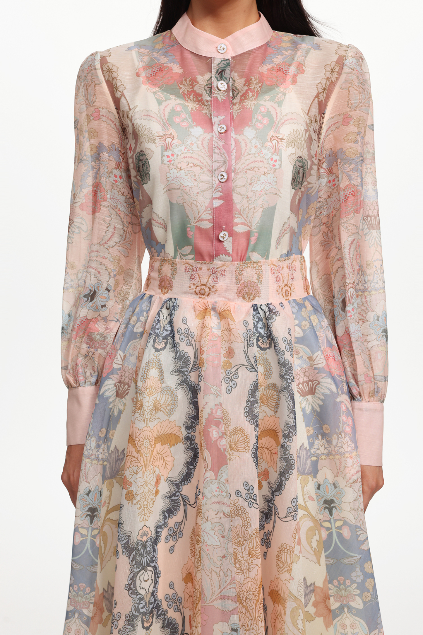 Dye Resort Flowy Long Sleeve Floral Printed Woven Top And Skirt Two-Piece Set