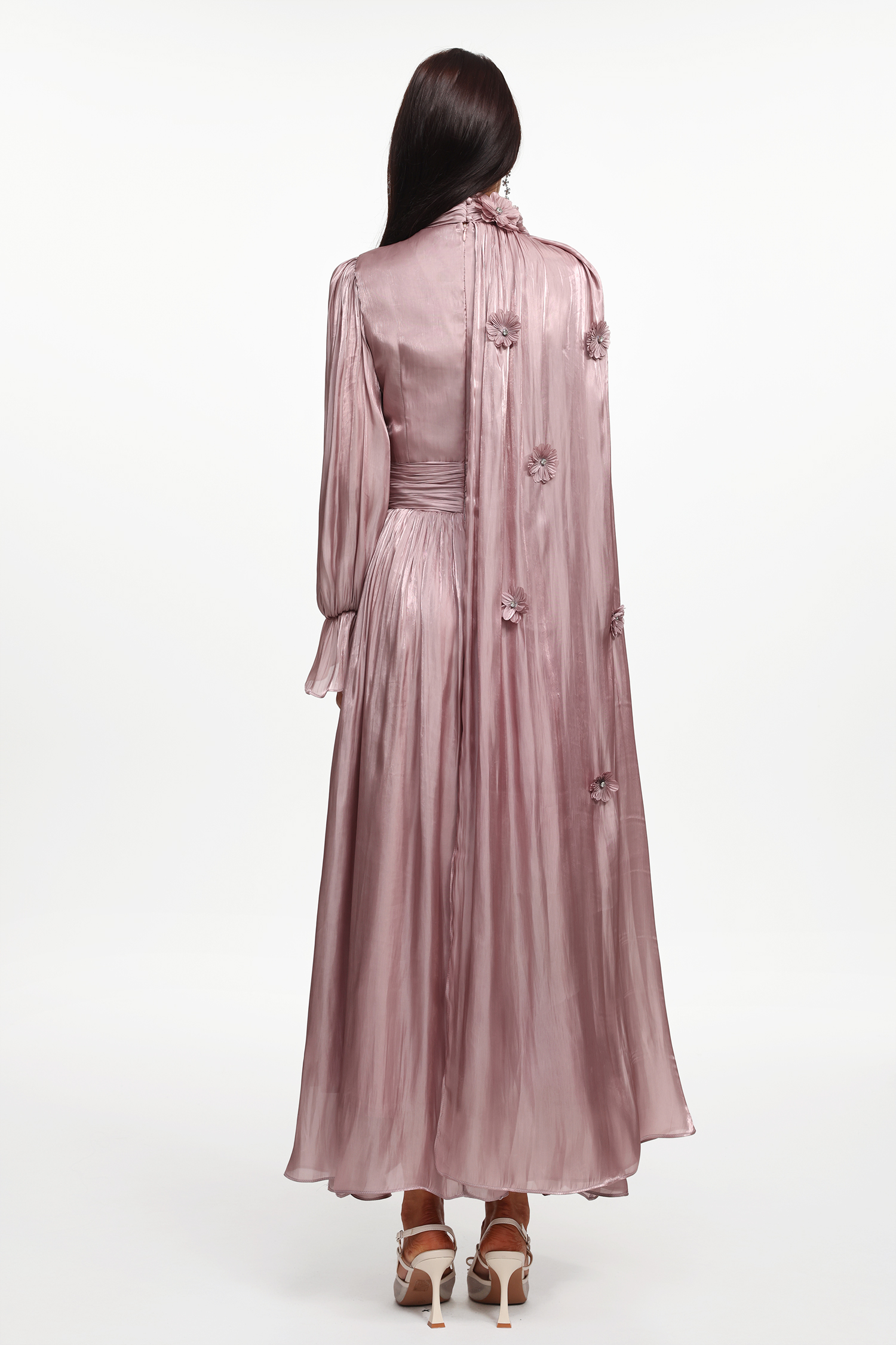 Enya Resort Flowy Long Sleeve Floral Satin Maxi Dress