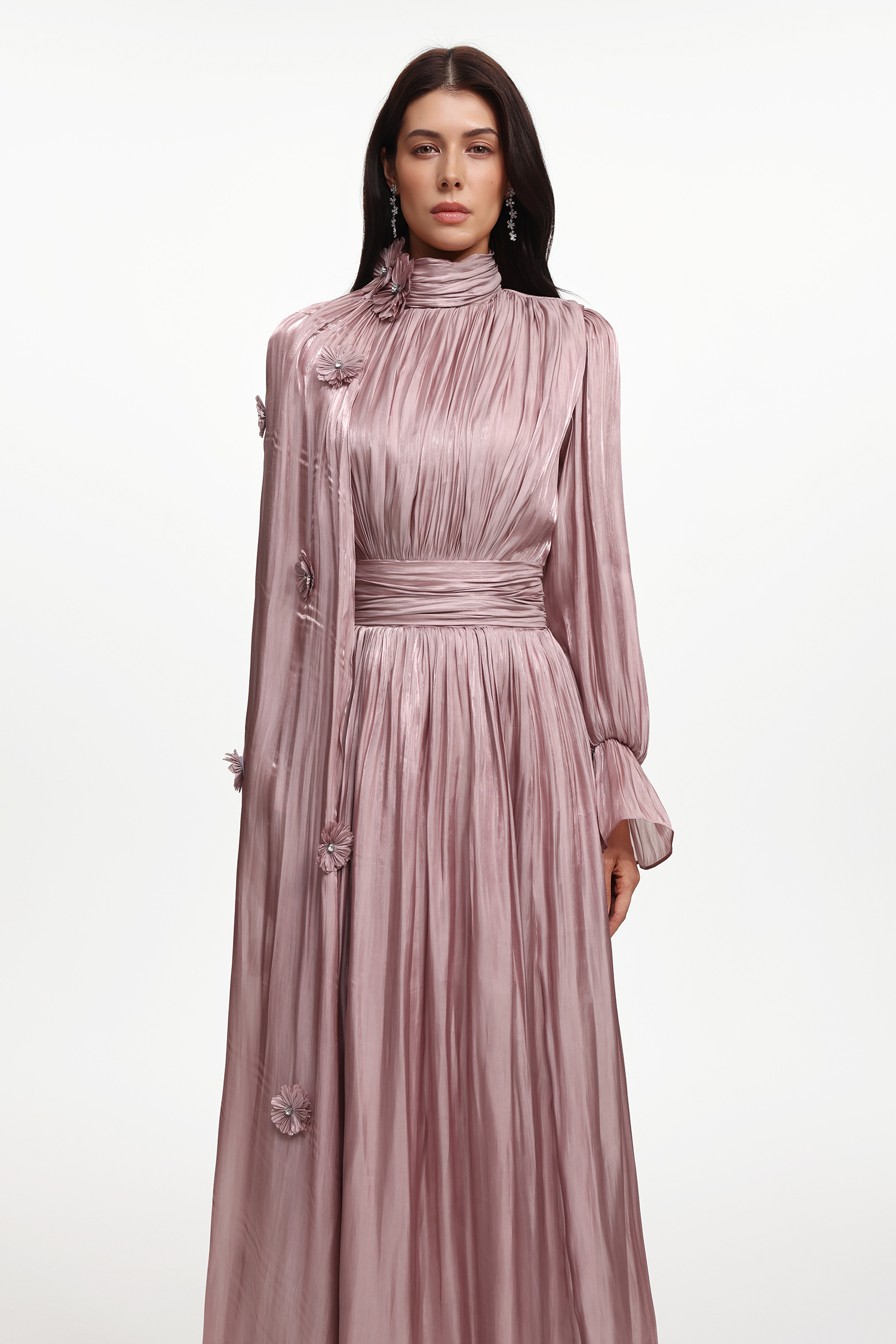 Enya Resort Flowy Long Sleeve Floral Satin Maxi Dress