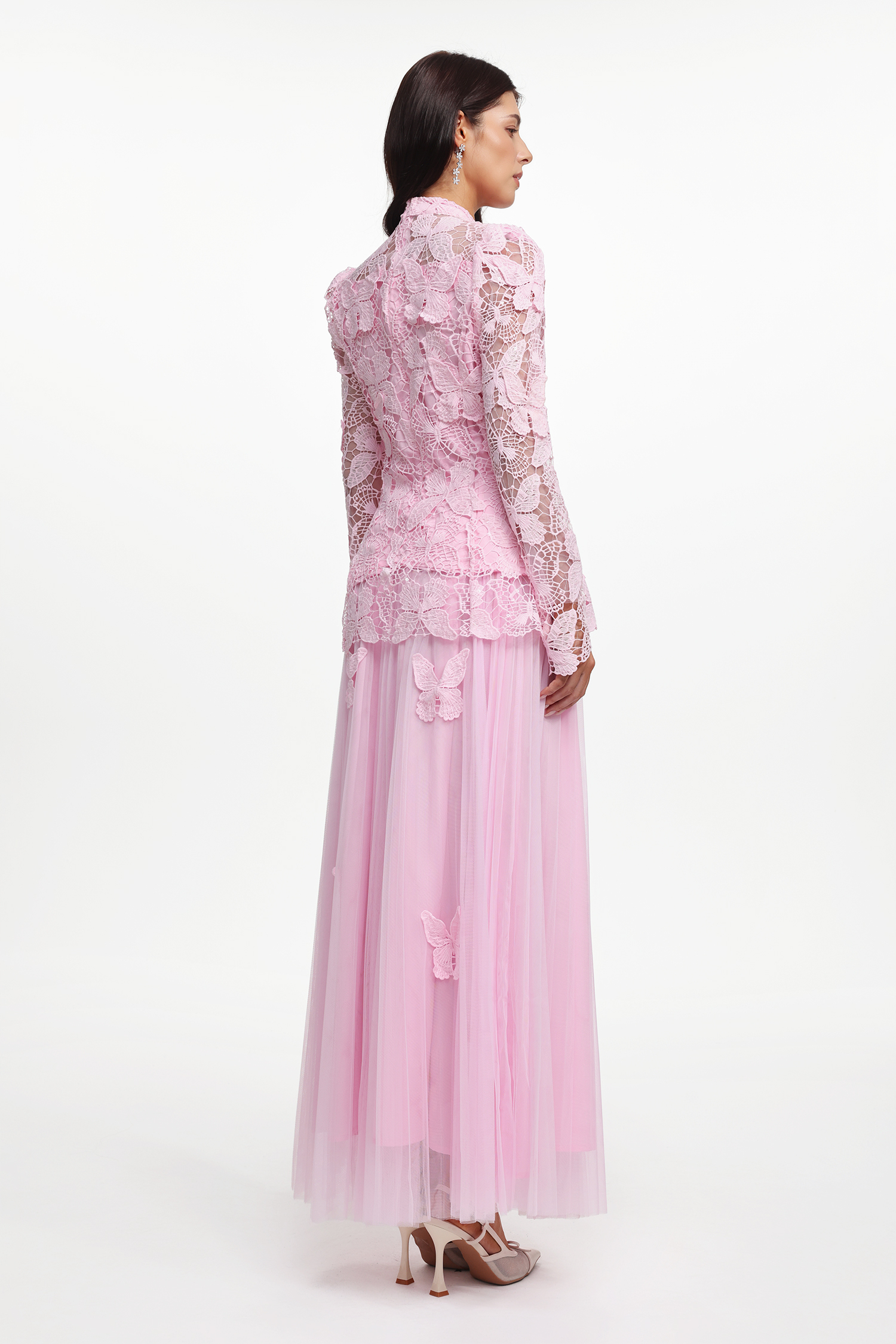 Verga Elegant Flowy Long Sleeve Butterfly Lace Woven Top And Skirt Two-Piece Set