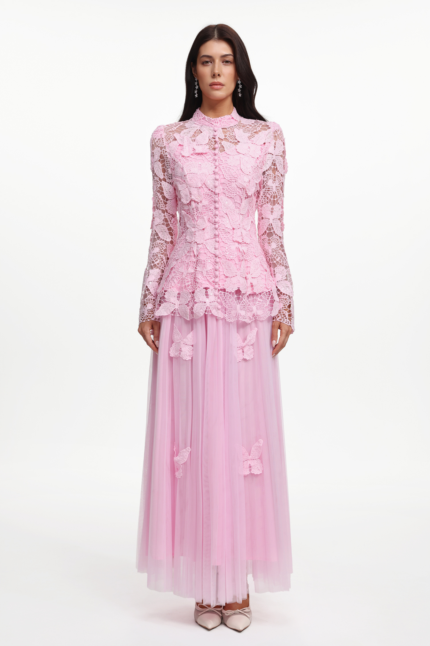 Verga Elegant Flowy Long Sleeve Butterfly Lace Woven Top And Skirt Two-Piece Set