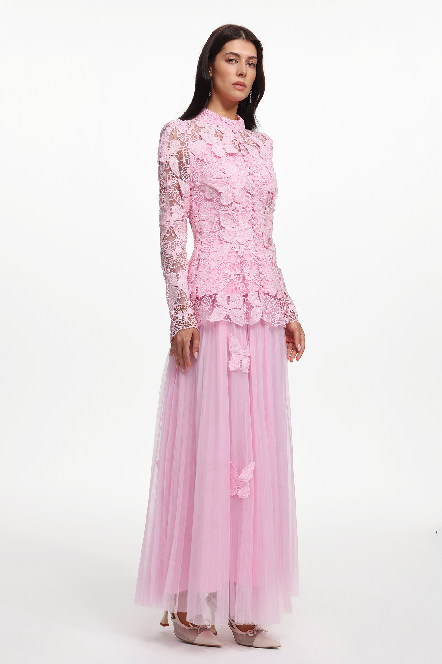 Verga Elegant Flowy Long Sleeve Butterfly Lace Woven Top And Skirt Two-Piece Set