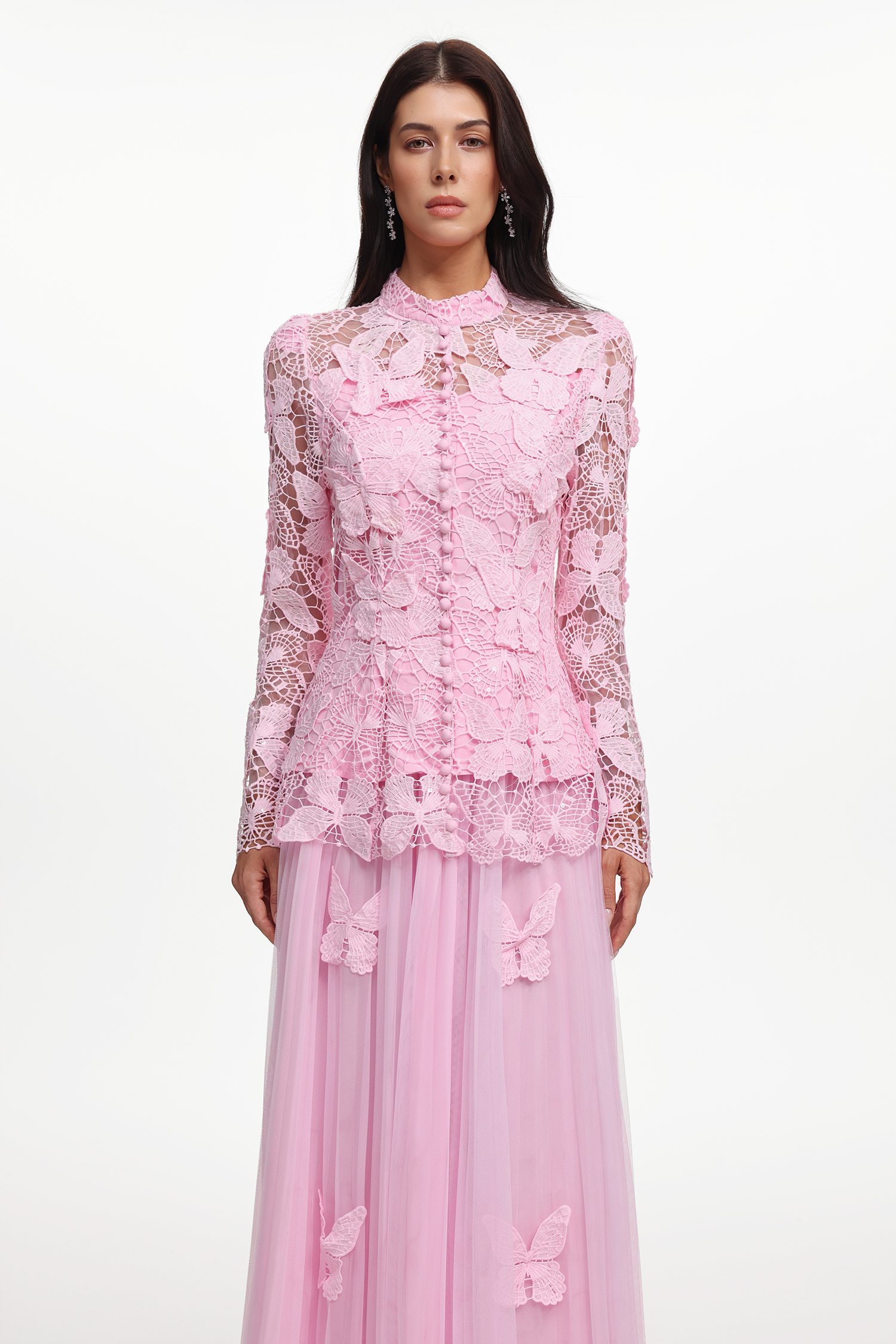 Verga Elegant Flowy Long Sleeve Butterfly Lace Woven Top And Skirt Two-Piece Set