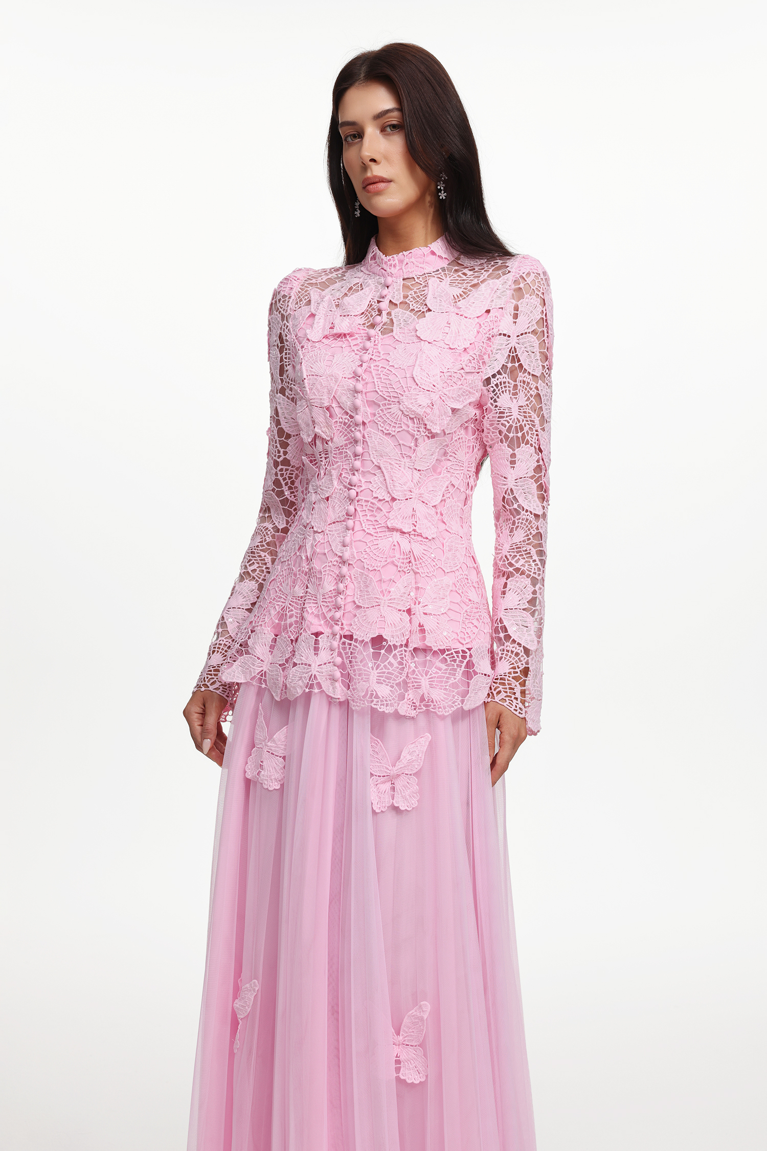 Verga Elegant Flowy Long Sleeve Butterfly Lace Woven Top And Skirt Two-Piece Set