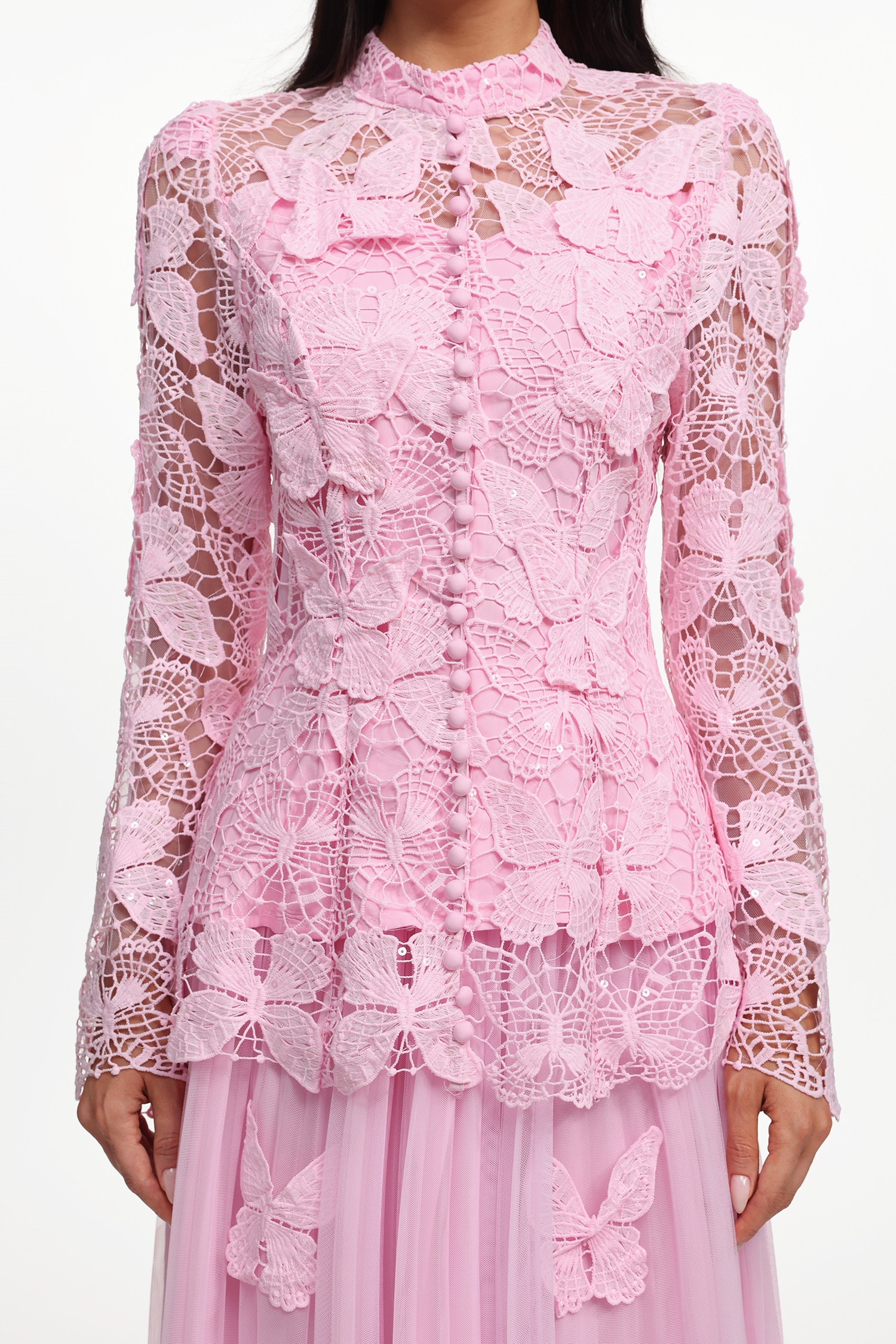 Verga Elegant Flowy Long Sleeve Butterfly Lace Woven Top And Skirt Two-Piece Set