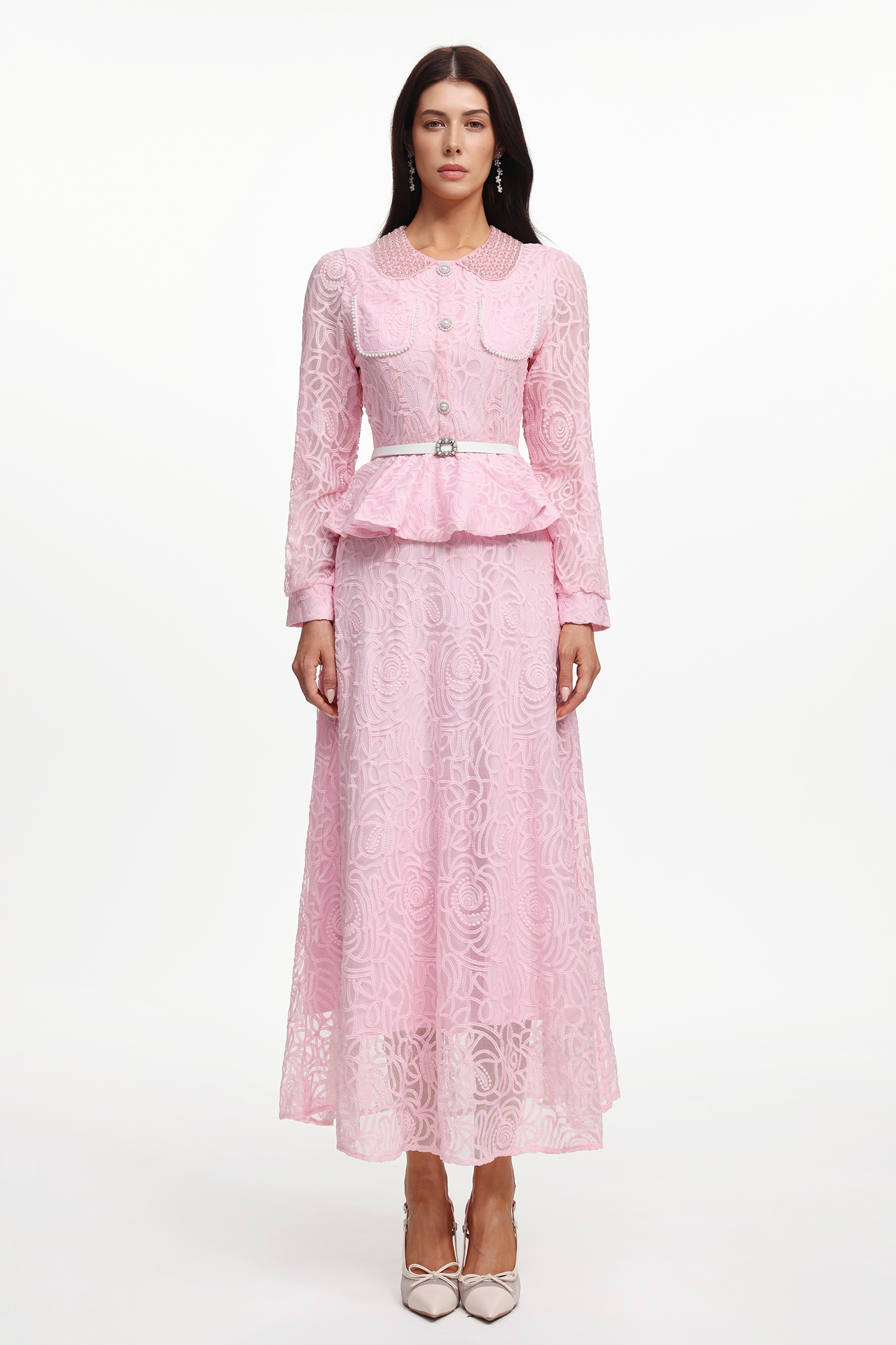 Ganera Resort Flowy Long Sleeve Pearl Woven Top And Skirt Two-Piece Set