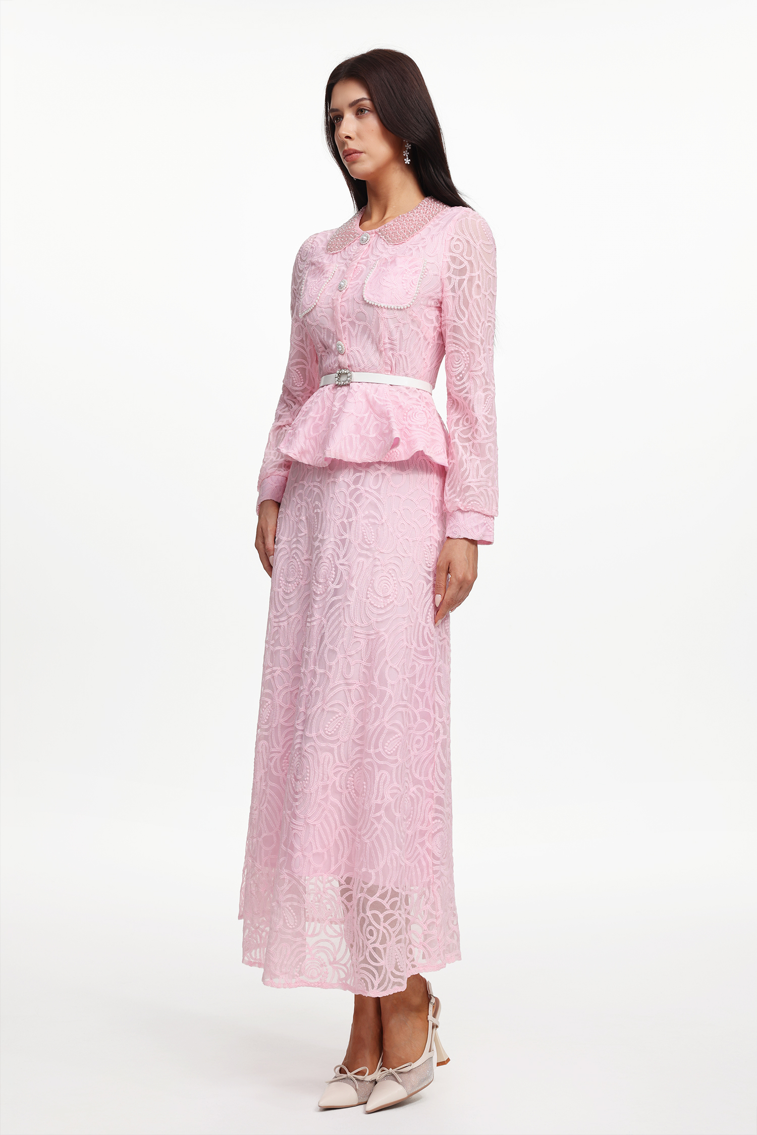 Ganera Resort Flowy Long Sleeve Pearl Woven Top And Skirt Two-Piece Set