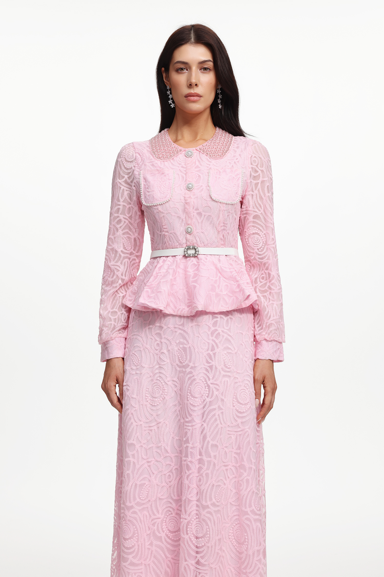 Ganera Resort Flowy Long Sleeve Pearl Woven Top And Skirt Two-Piece Set