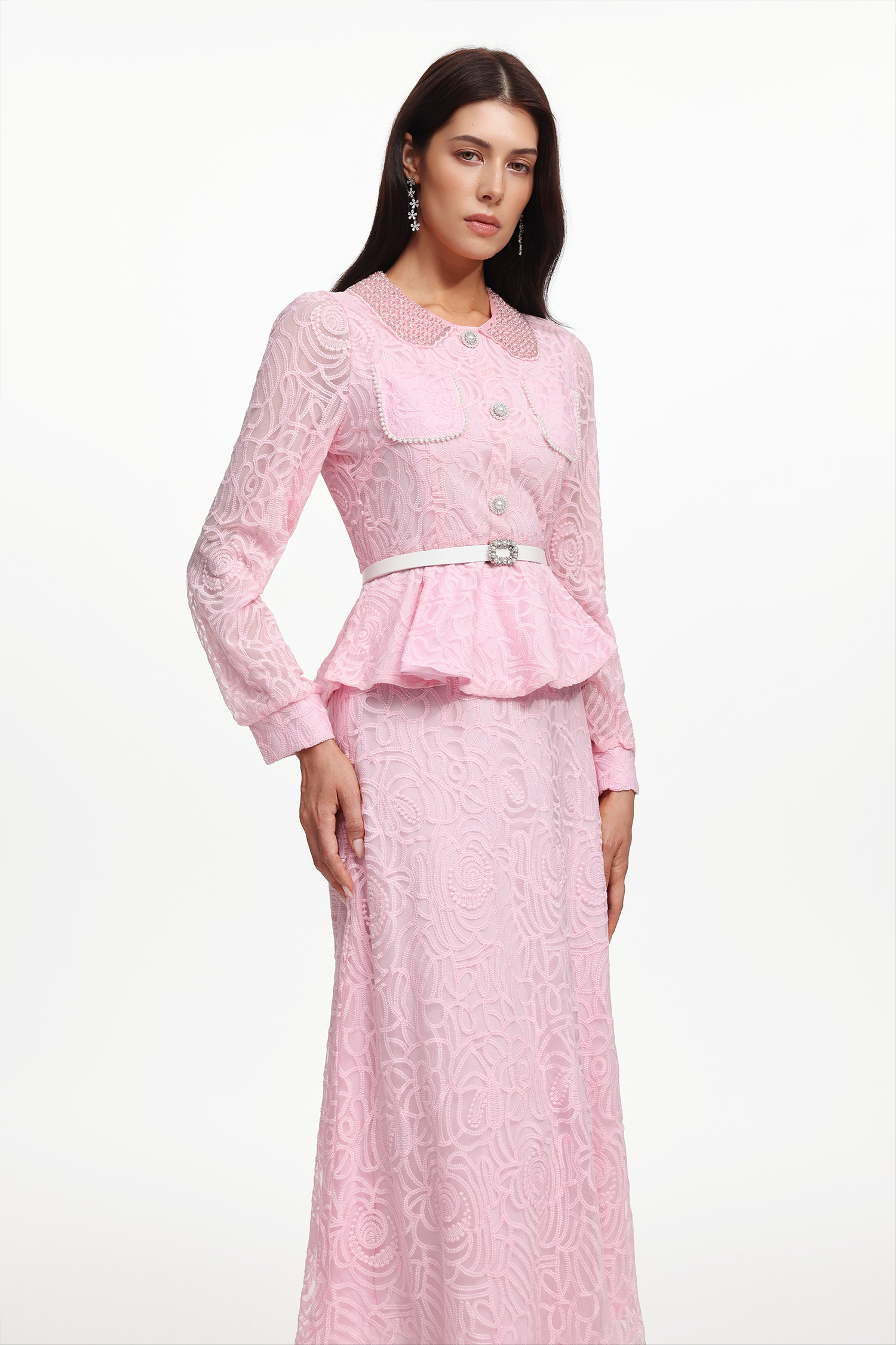 Ganera Resort Flowy Long Sleeve Pearl Woven Top And Skirt Two-Piece Set
