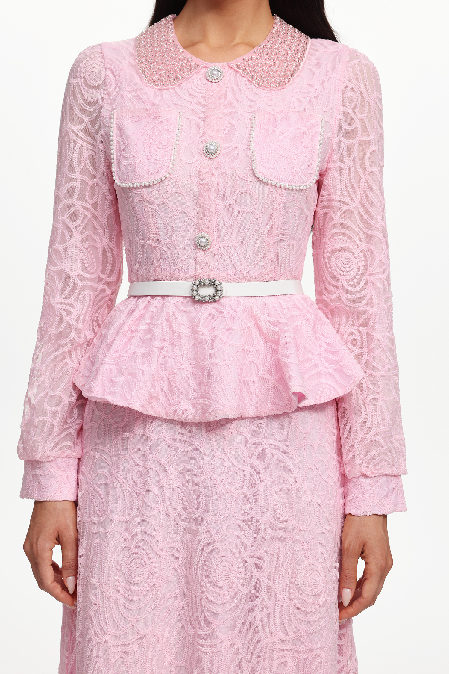 Ganera Resort Flowy Long Sleeve Pearl Woven Top And Skirt Two-Piece Set