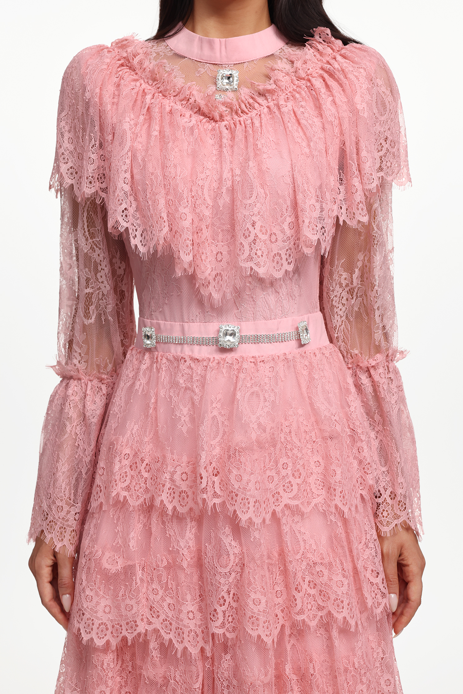 Emmi Resort Flowy Long Sleeve Falbala Rhinestone Lace Pink Maxi Dress