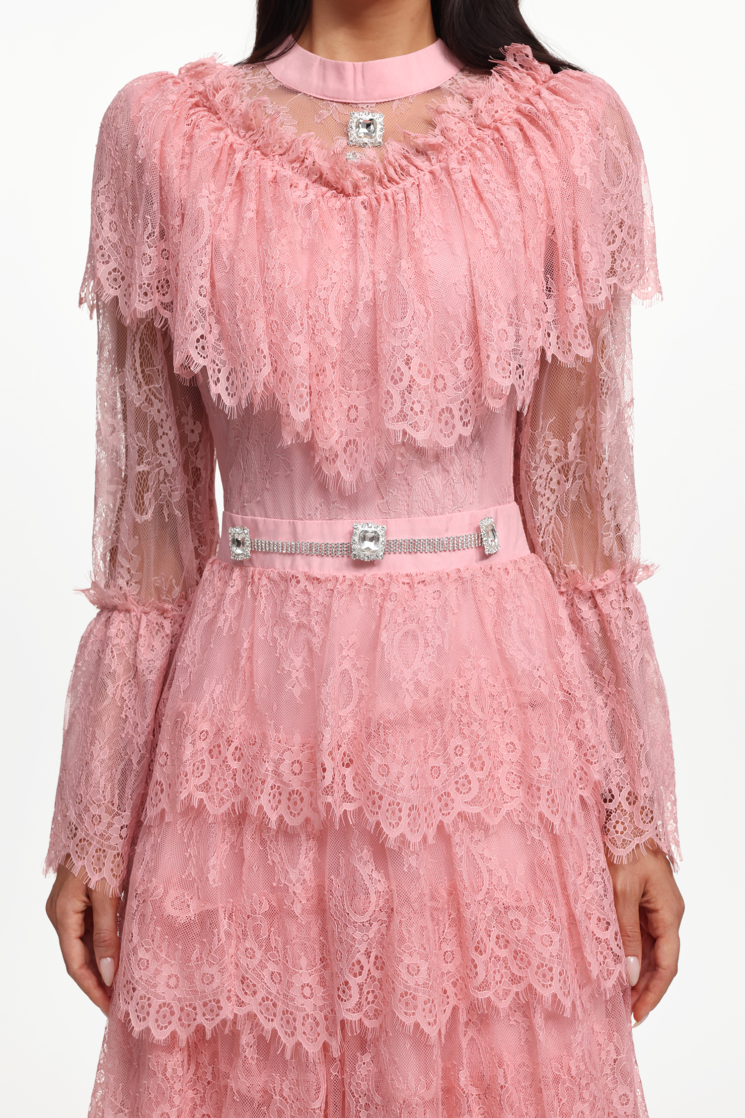 Emmi Resort Flowy Long Sleeve Falbala Rhinestone Lace Pink Maxi Dress