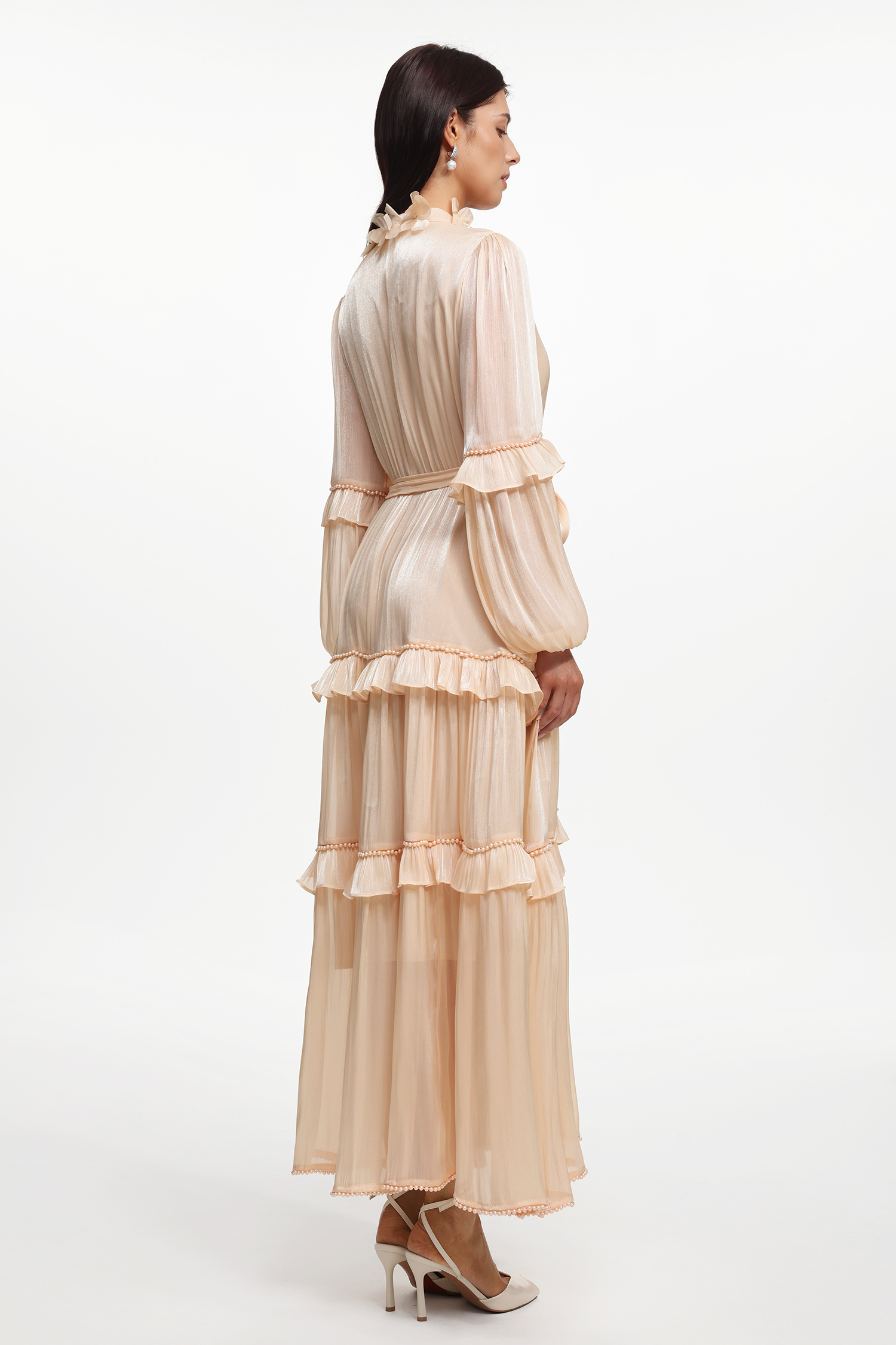 Lunia Resort Flowy Long Sleeve Floral Ruffle  Pearl Satin Maxi Dress