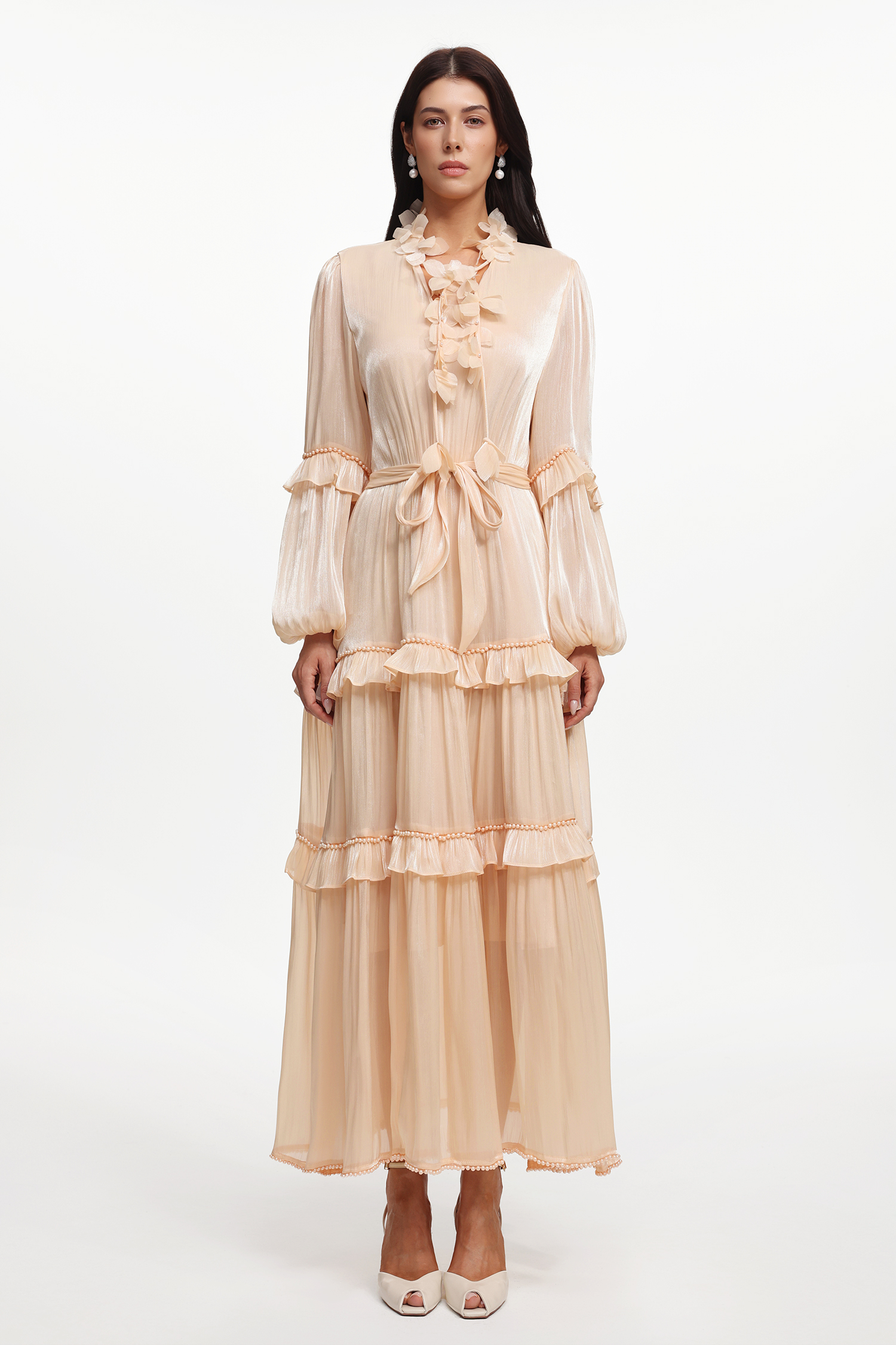 Lunia Resort Flowy Long Sleeve Floral Ruffle  Pearl Satin Maxi Dress