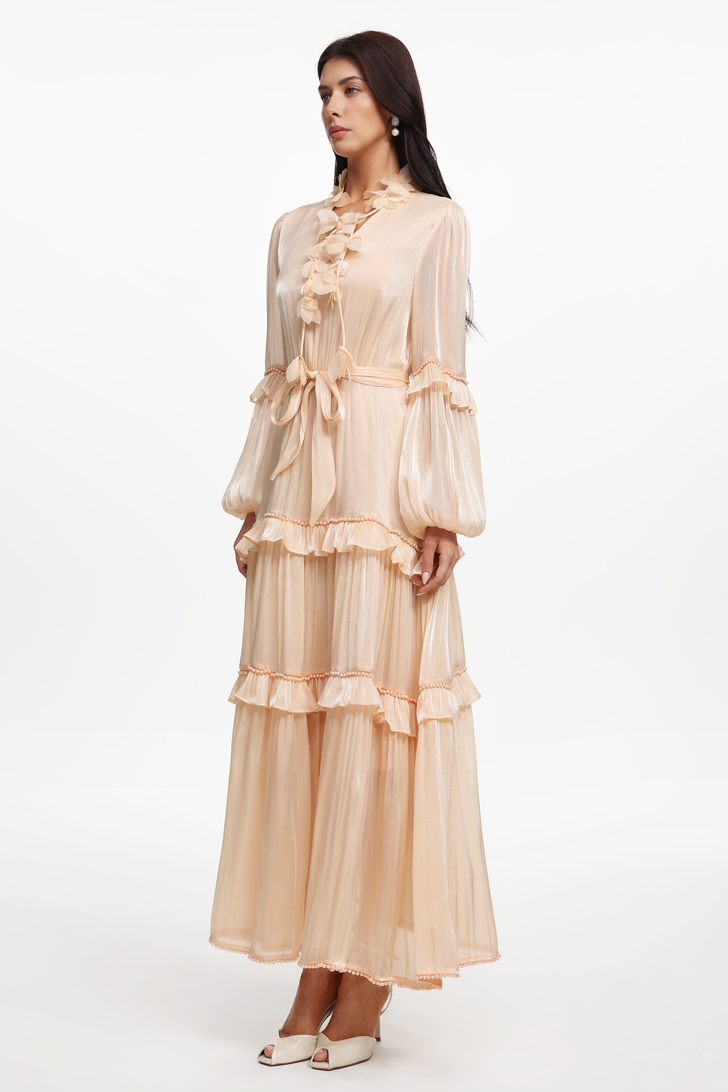 Lunia Resort Flowy Long Sleeve Floral Ruffle  Pearl Satin Maxi Dress