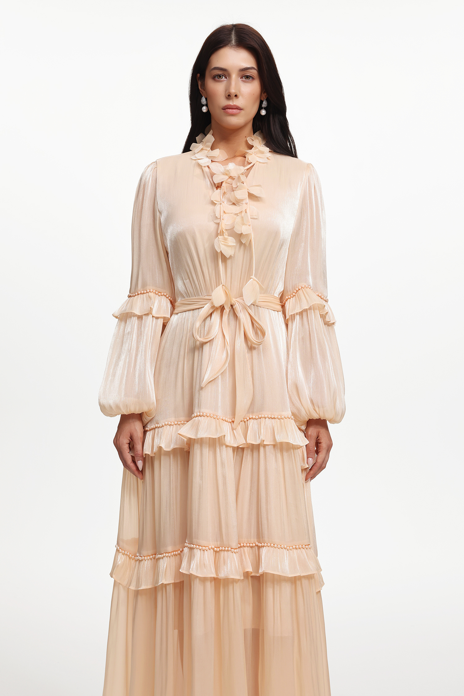 Lunia Resort Flowy Long Sleeve Floral Ruffle  Pearl Satin Maxi Dress