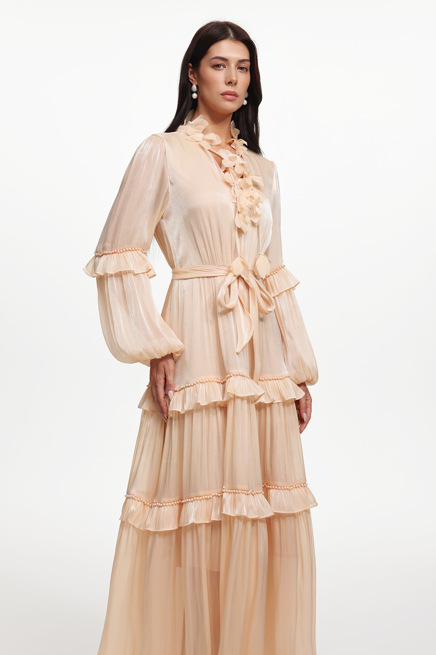 Lunia Resort Flowy Long Sleeve Floral Ruffle  Pearl Satin Maxi Dress