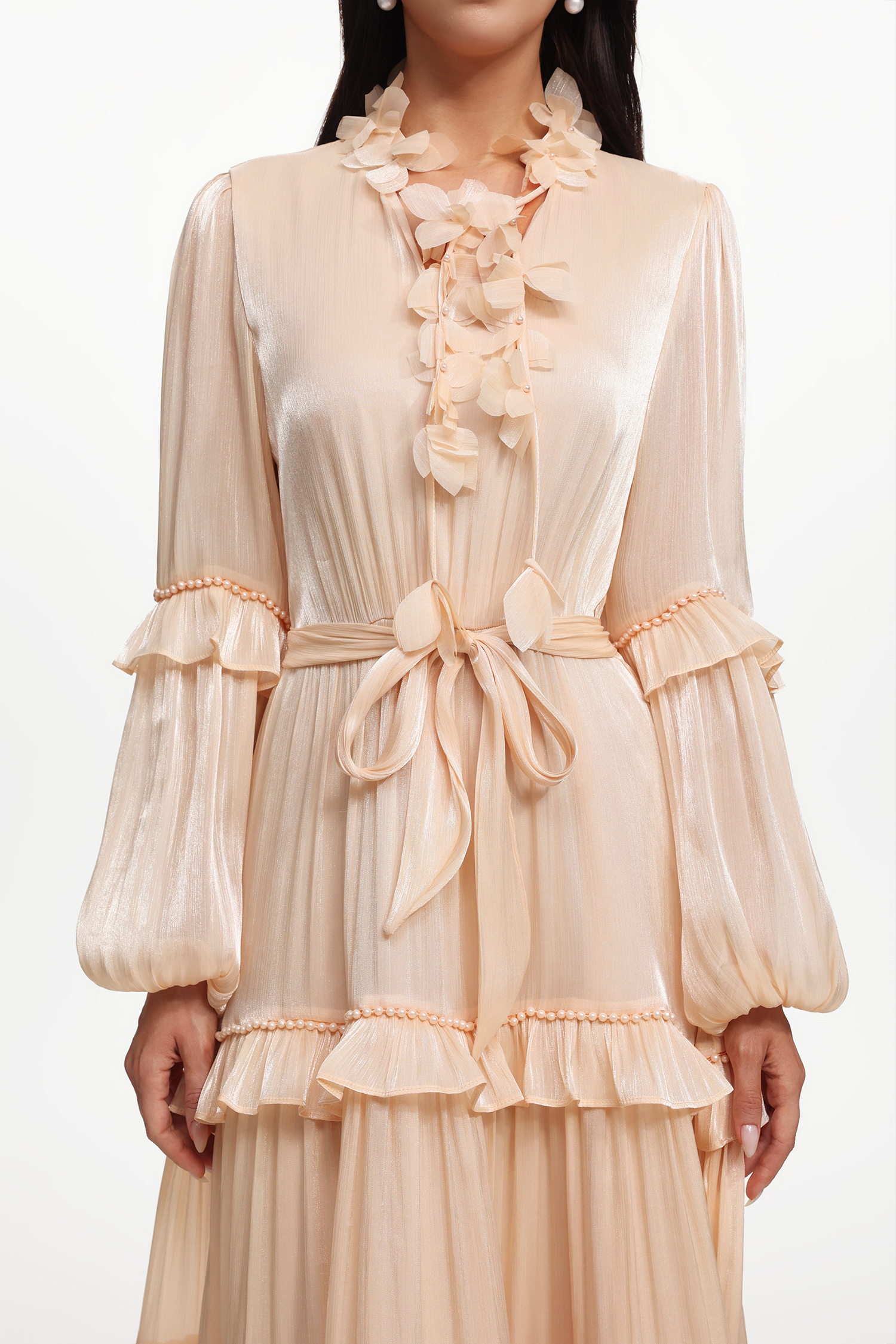 Lunia Resort Flowy Long Sleeve Floral Ruffle  Pearl Satin Maxi Dress