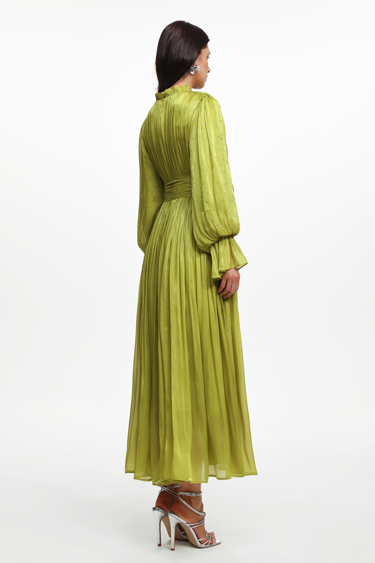 Ikira Resort Flowy Long Sleeve Floral Pleated Satin Maxi Dress