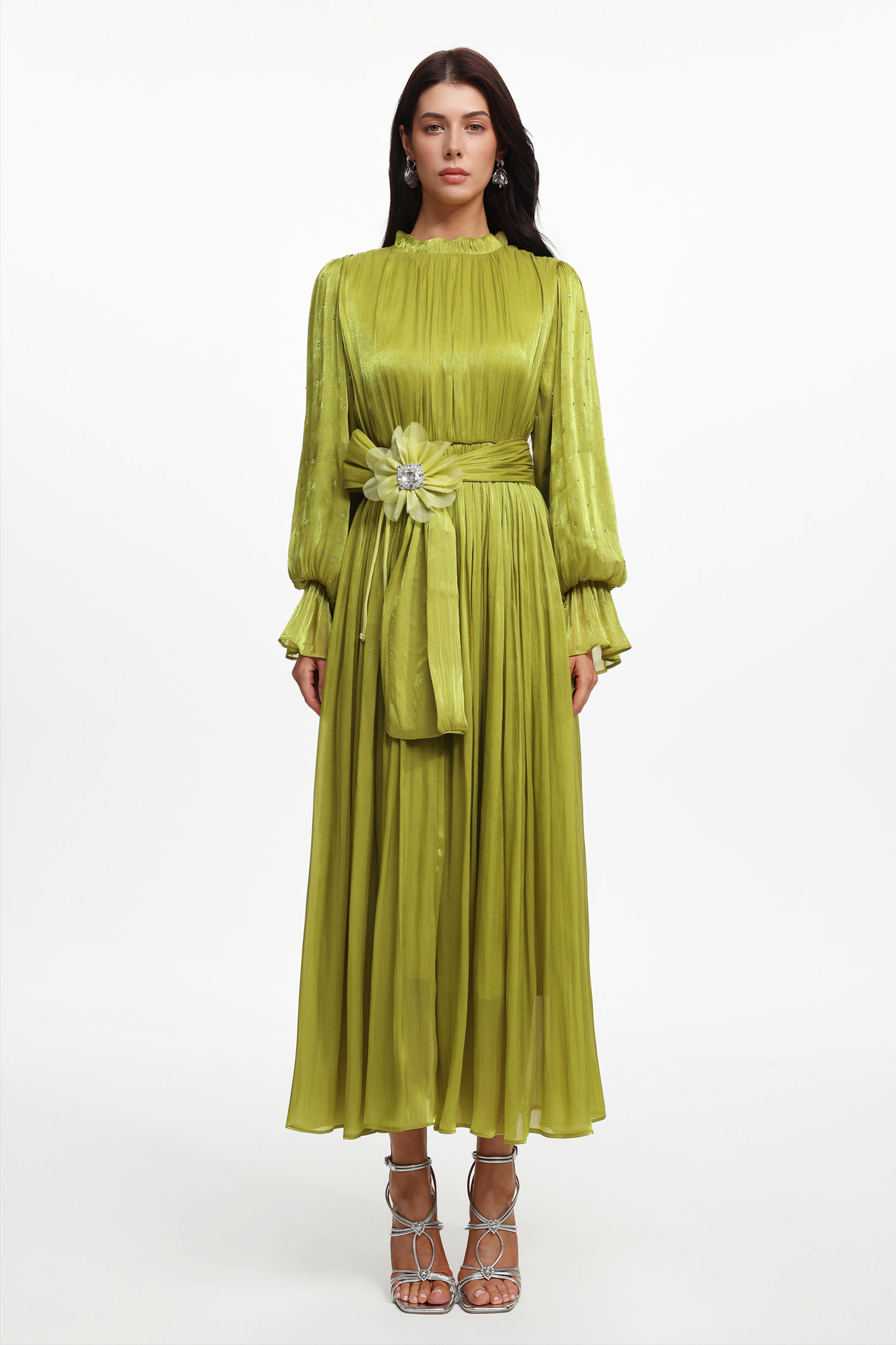 Ikira Resort Flowy Long Sleeve Floral Pleated Satin Maxi Dress