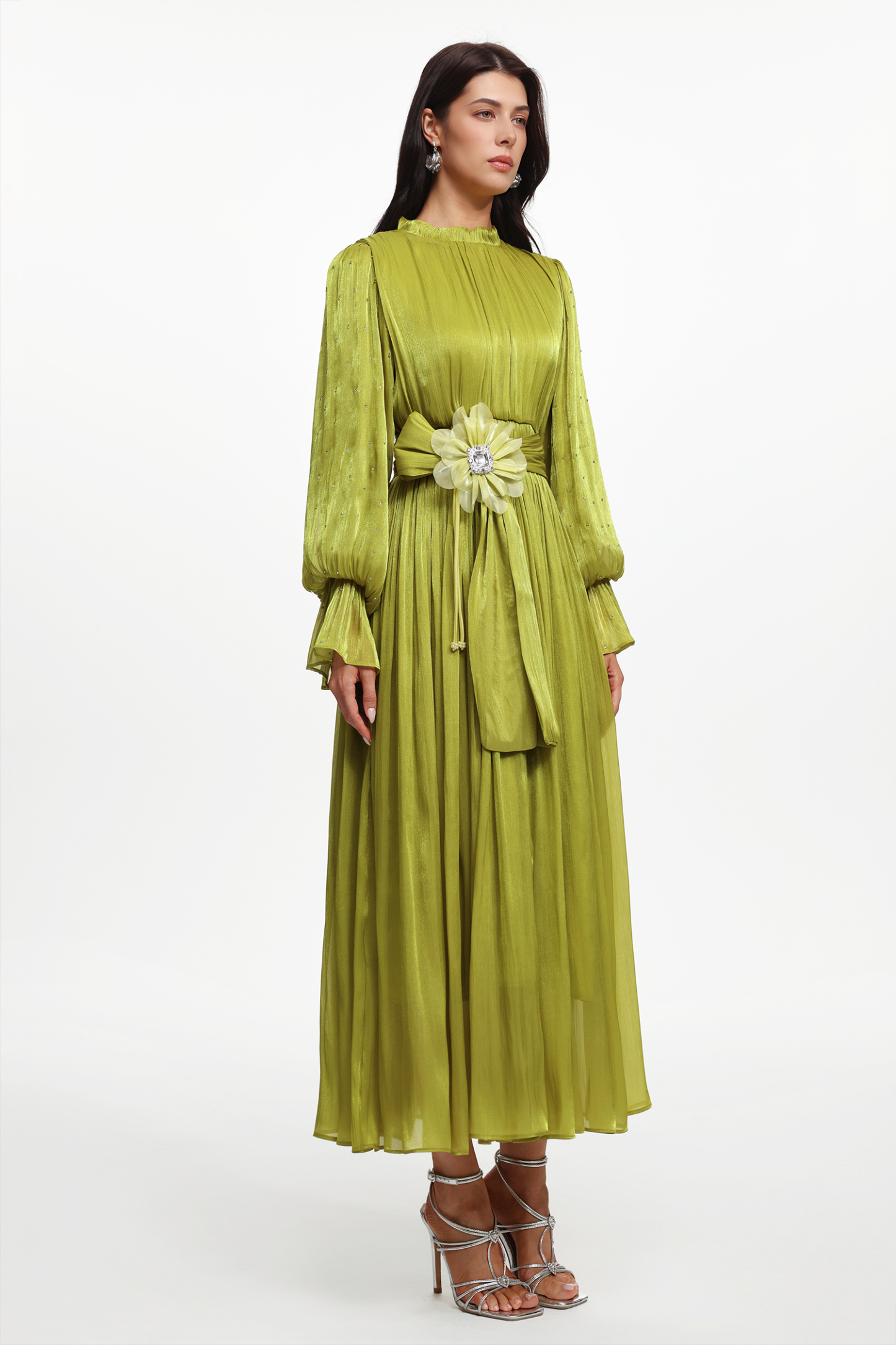 Ikira Resort Flowy Long Sleeve Floral Pleated Satin Maxi Dress