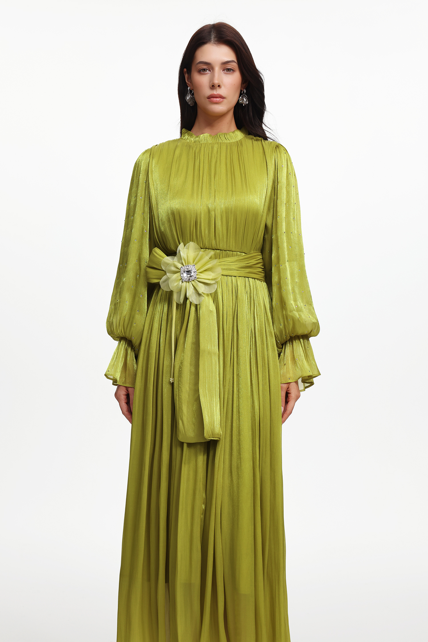 Ikira Resort Flowy Long Sleeve Floral Pleated Satin Maxi Dress