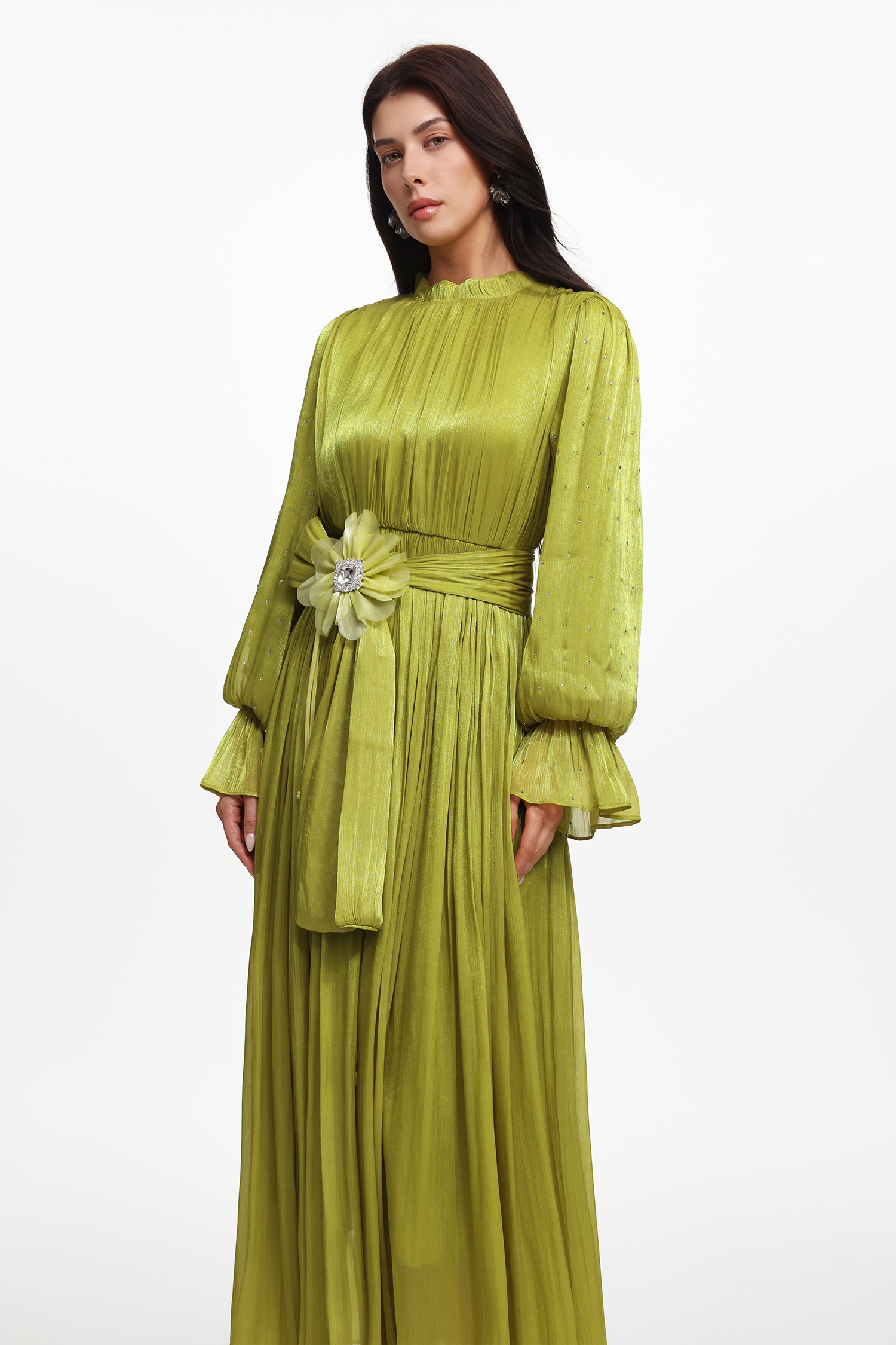 Ikira Resort Flowy Long Sleeve Floral Pleated Satin Maxi Dress