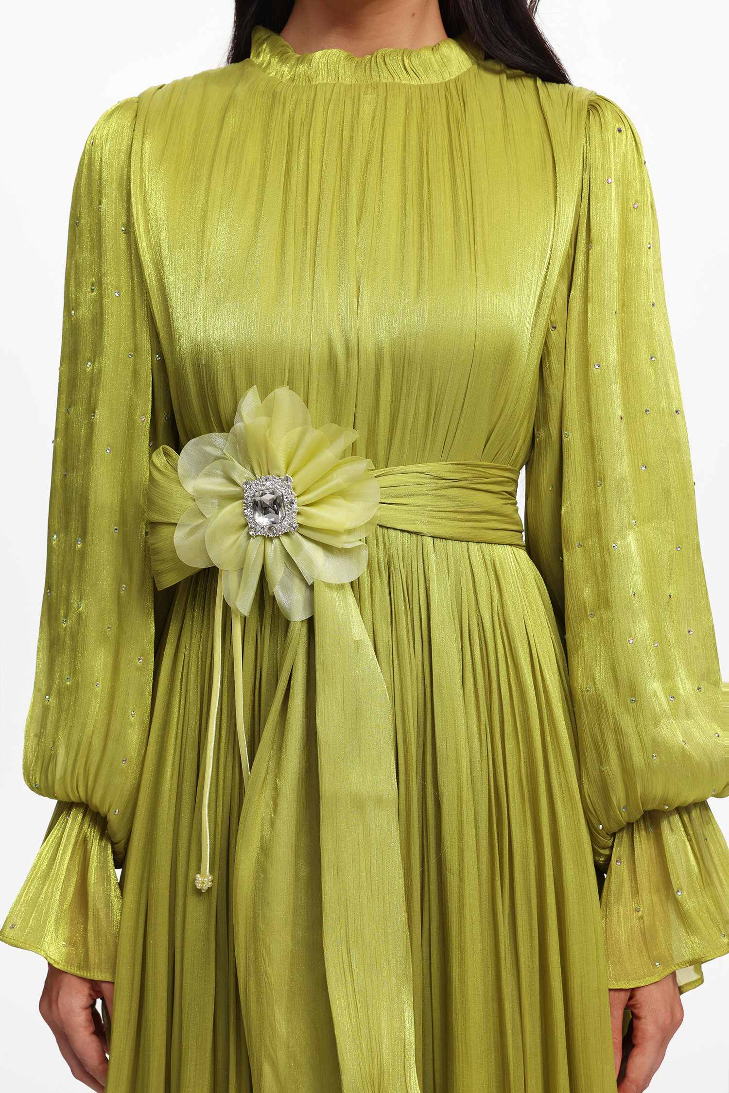 Ikira Resort Flowy Long Sleeve Floral Pleated Satin Maxi Dress