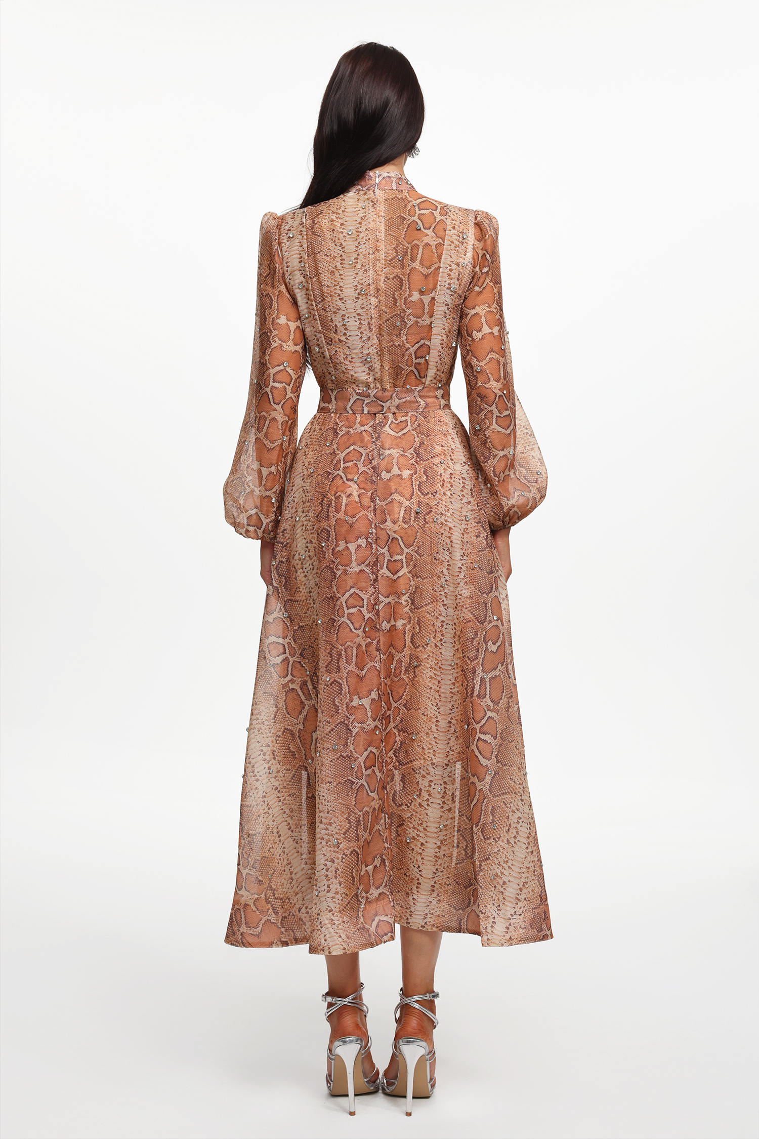 Hacaki Resort Flowy Long Sleeve Snake Print Rhinestone Woven Maxi Dress