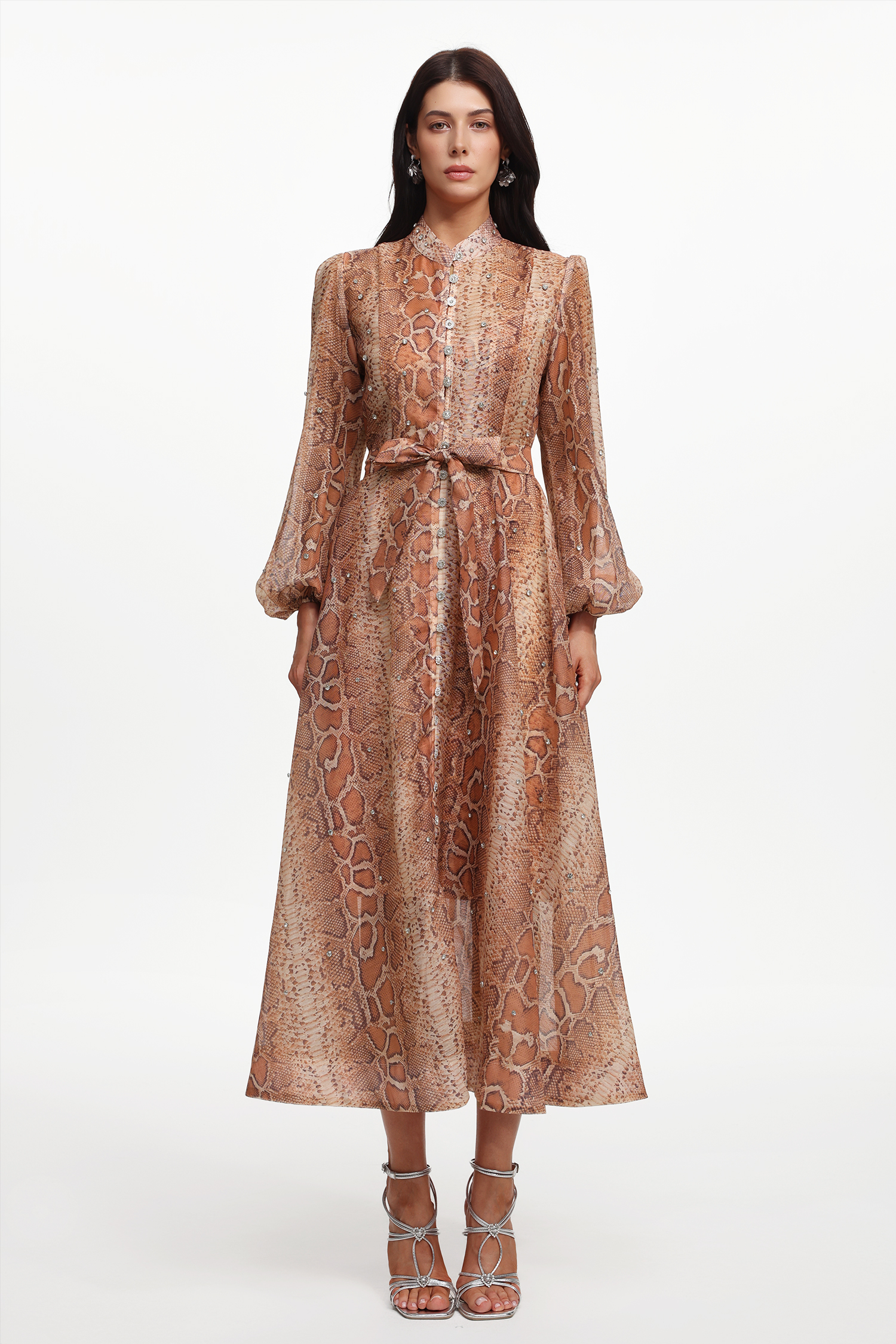 Hacaki Resort Flowy Long Sleeve Snake Print Rhinestone Woven Maxi Dress