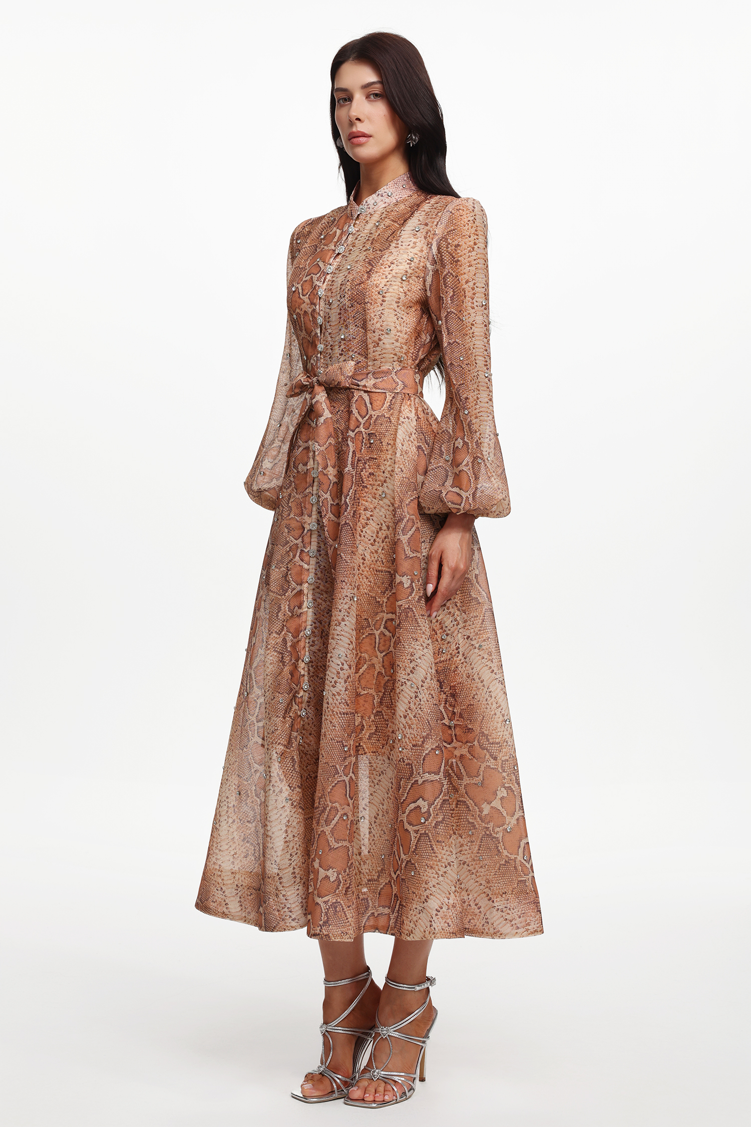 Hacaki Resort Flowy Long Sleeve Snake Print Rhinestone Woven Maxi Dress