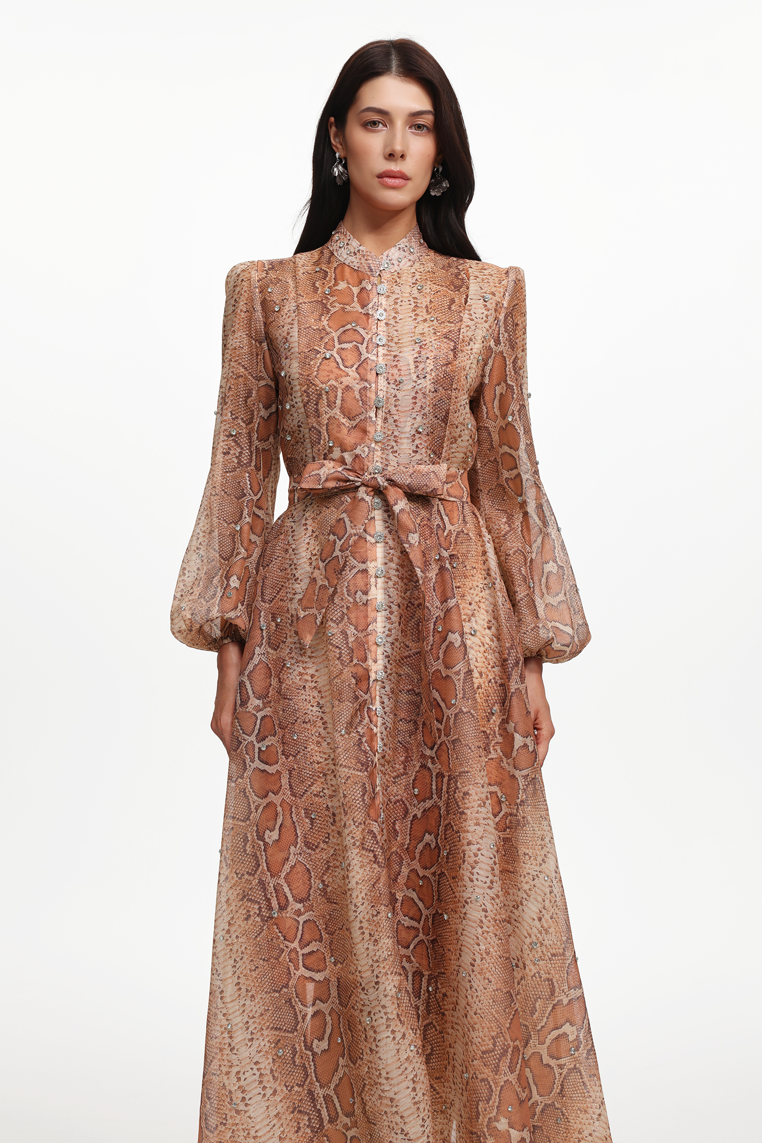Hacaki Resort Flowy Long Sleeve Snake Print Rhinestone Woven Maxi Dress
